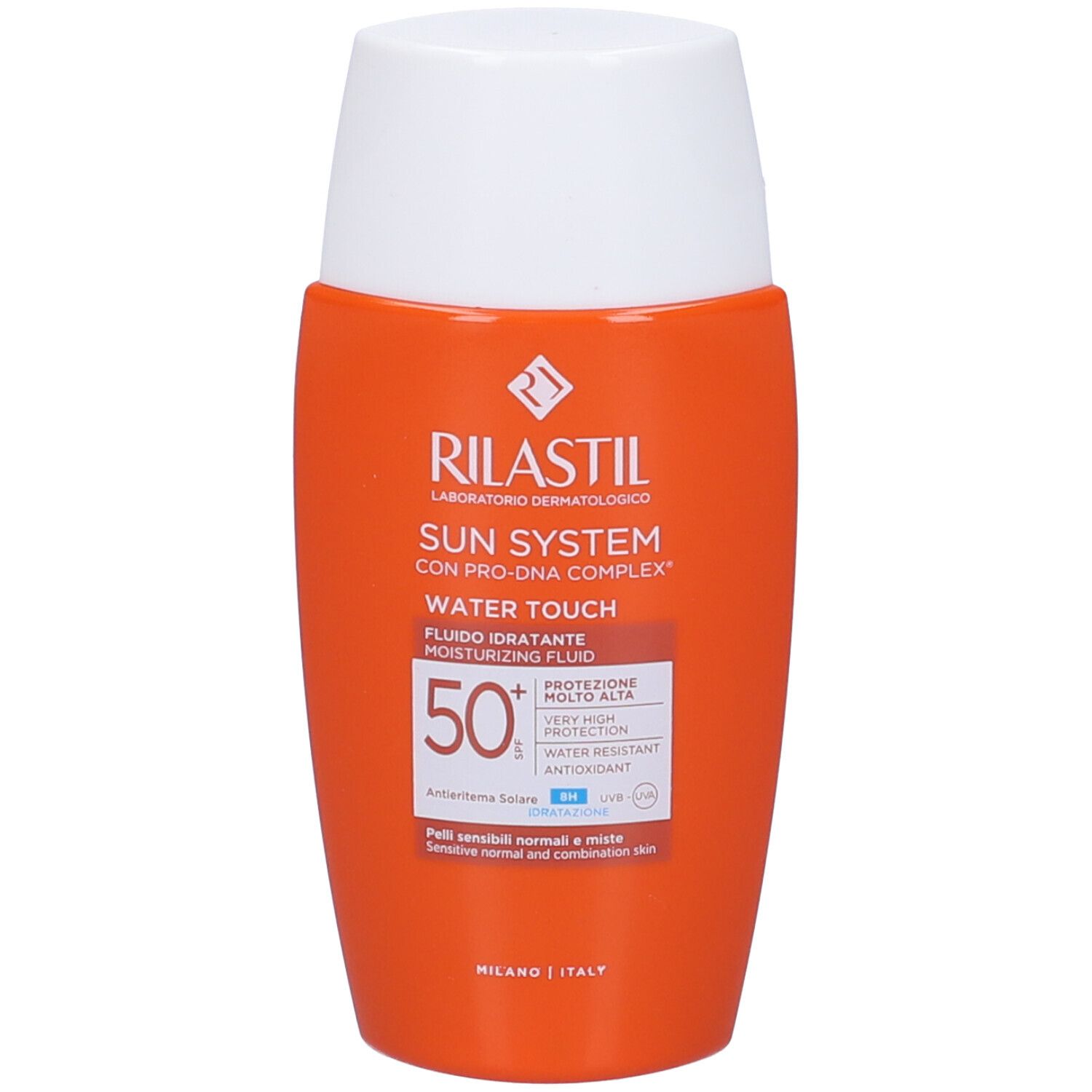 Flacon orange avec bouchon blanc. Inscription: Rilastil Sun System Water Touch SPF 50+.