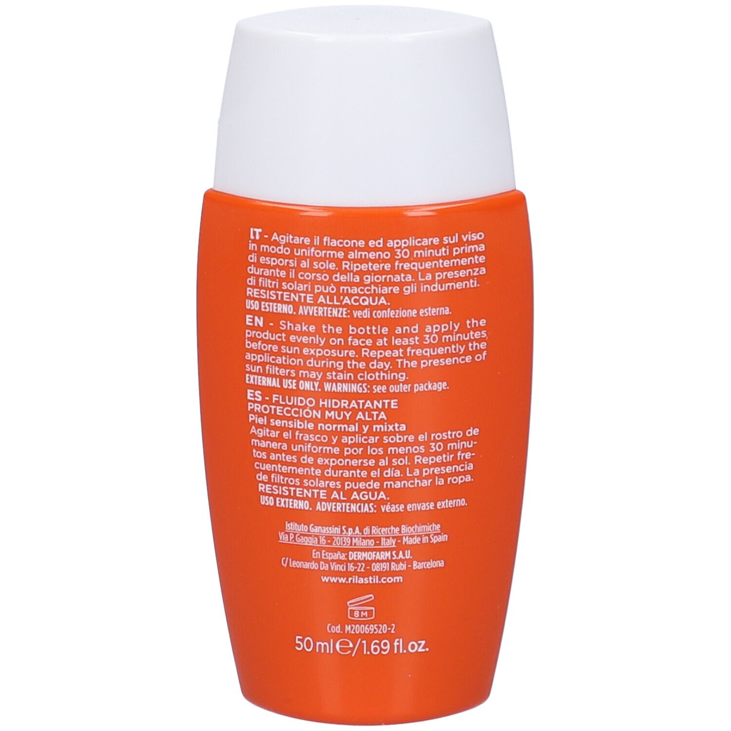 Dos du flacon orange avec texte. Contient des instructions et des ingrédients.
