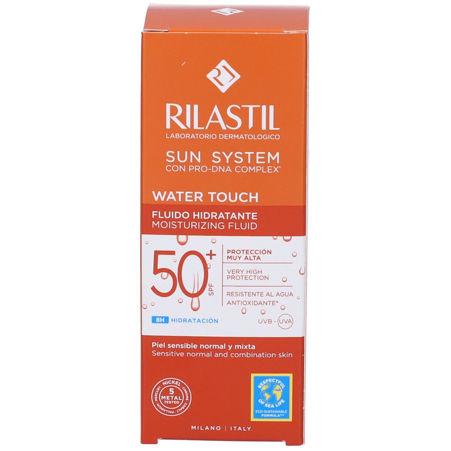 Emballage du produit orange. Inscription: Rilastil Sun System Water Touch SPF 50+.