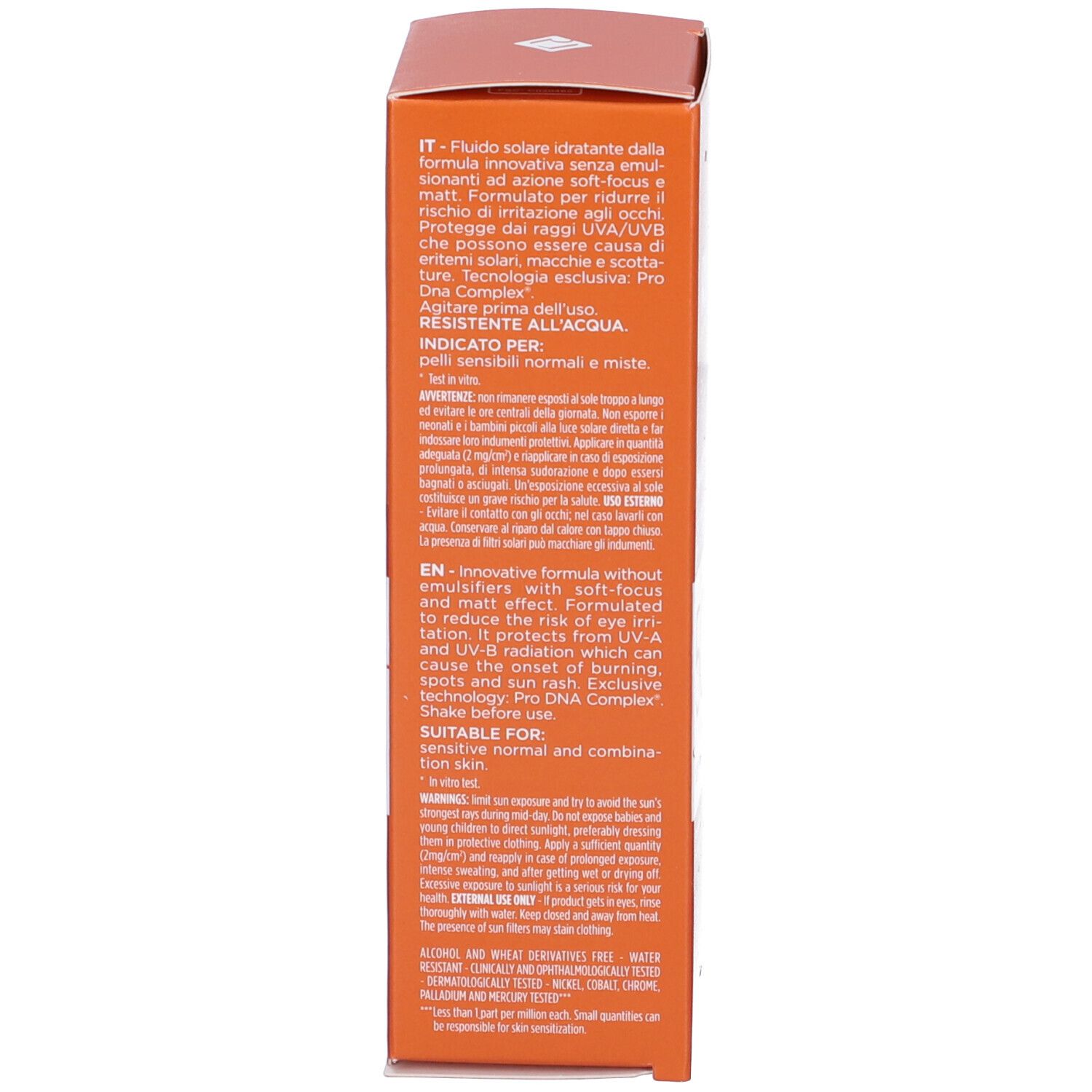 Côté de l'emballage du produit orange. Contient du texte et des informations.