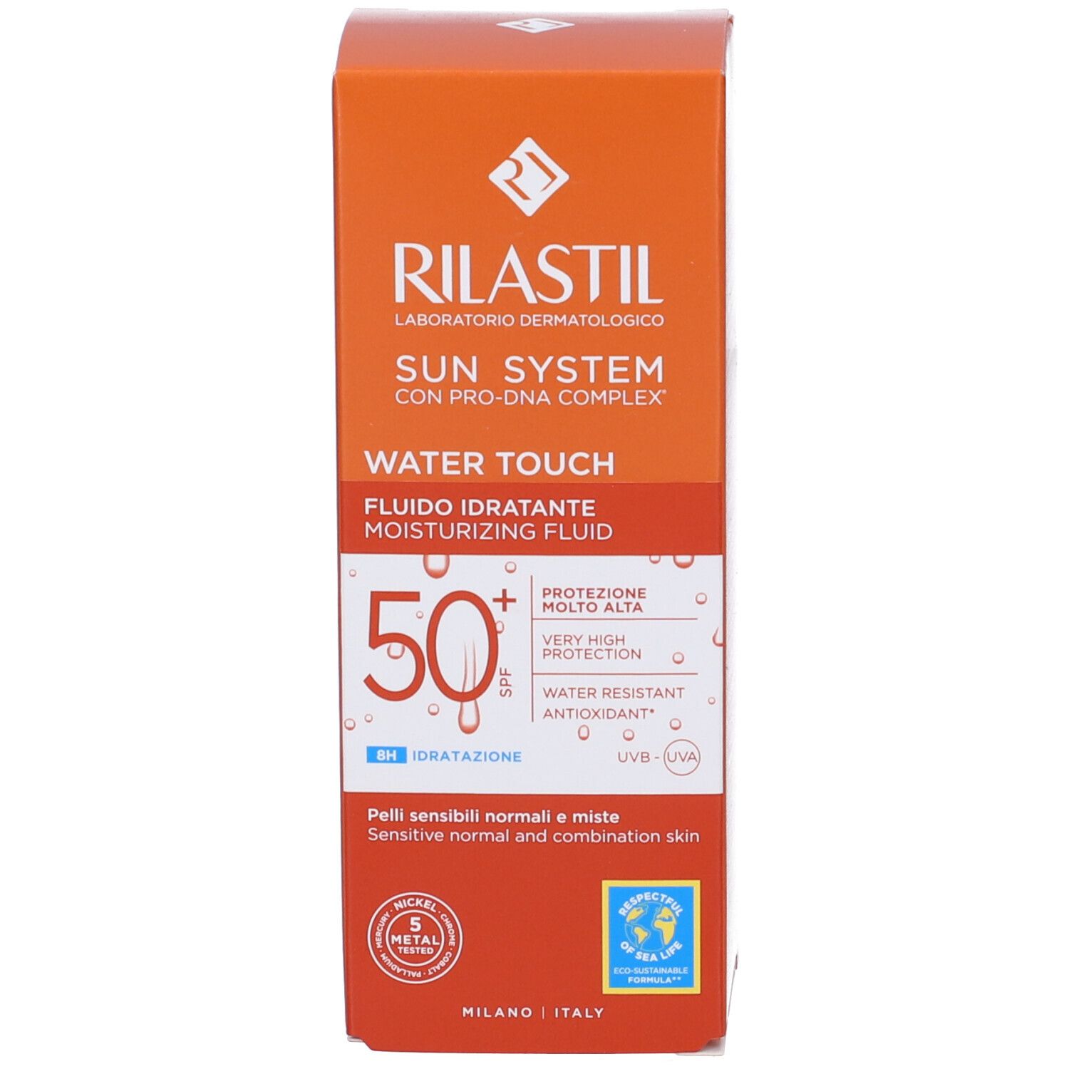 Emballage du produit. Inscription: Rilastil Sun System Water Touch SPF 50+.
