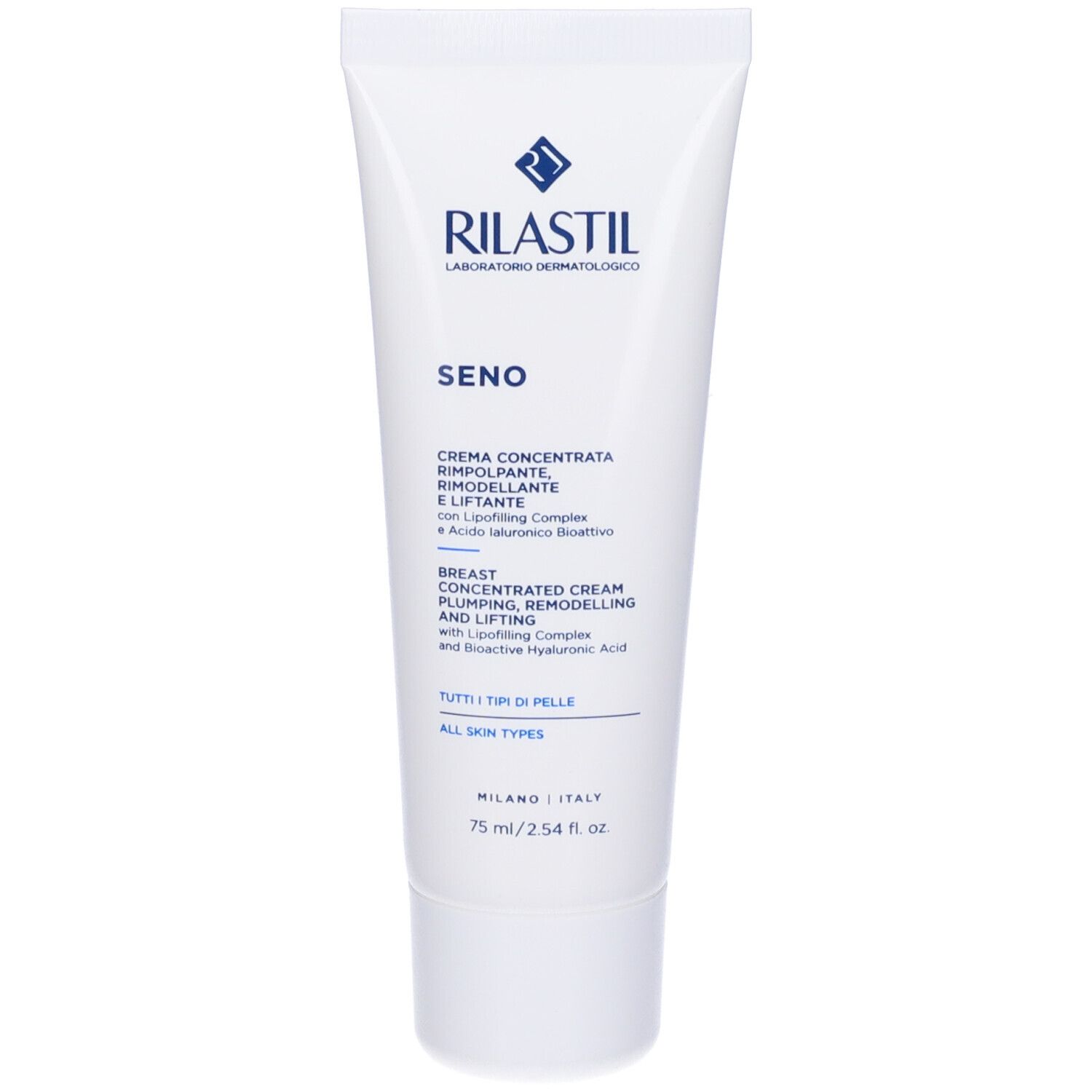 Tube blanc Rilastil Seno. Inscriptions en italien et anglais. Inscription "75 ml/2.54 fl. oz".