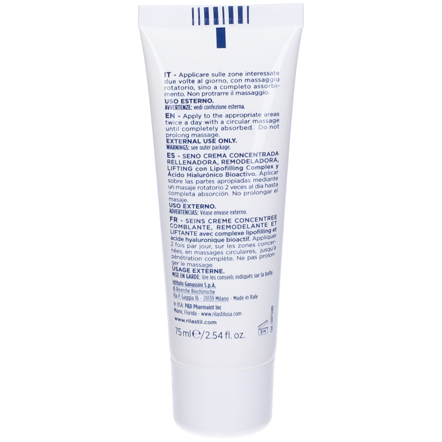 Dos d'un tube blanc. Texte en italien, anglais, espagnol et français. Inscription "75 ml/2.54 fl. oz".