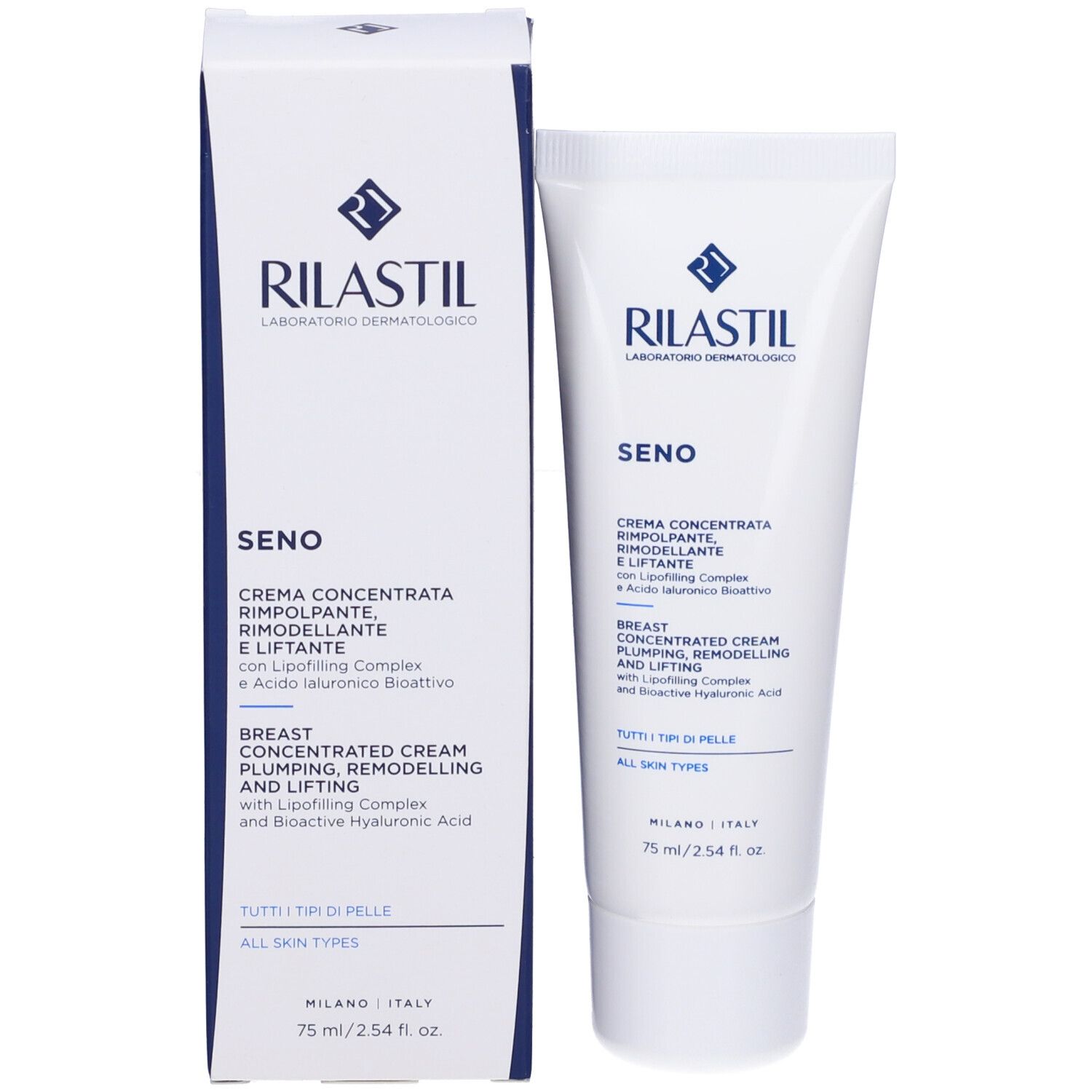 Emballage produit avec tube. Boîte blanche avec logo Rilastil et nom du produit Seno. Tube à côté.