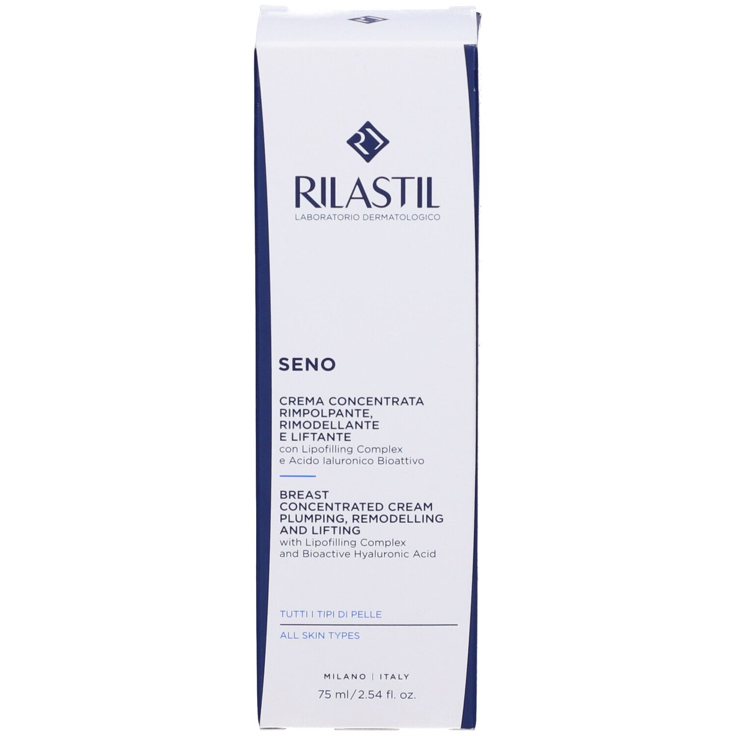 Boîte blanche avec logo Rilastil et nom du produit Seno. Texte en italien et anglais.