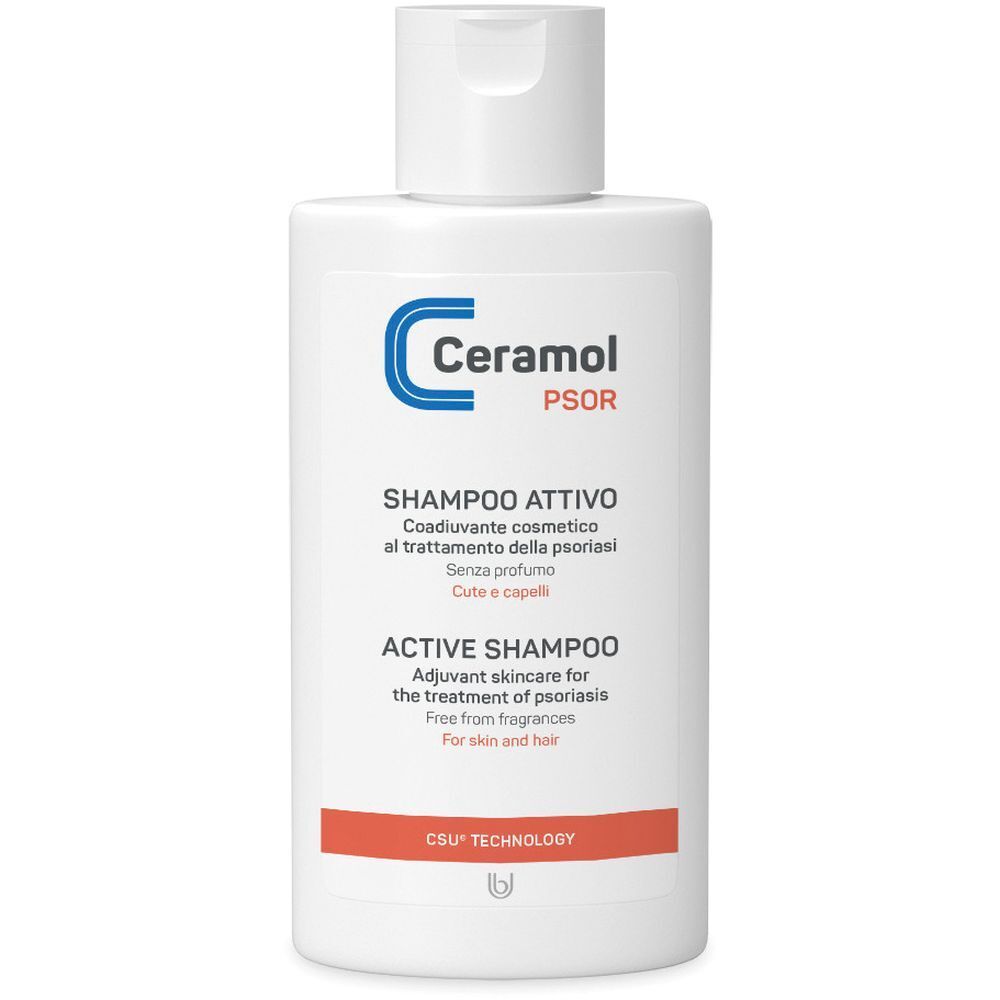 Flacon blanc avec logo bleu et texte. Nom du produit : Shampooing Attivo. Texte en italien et en anglais.