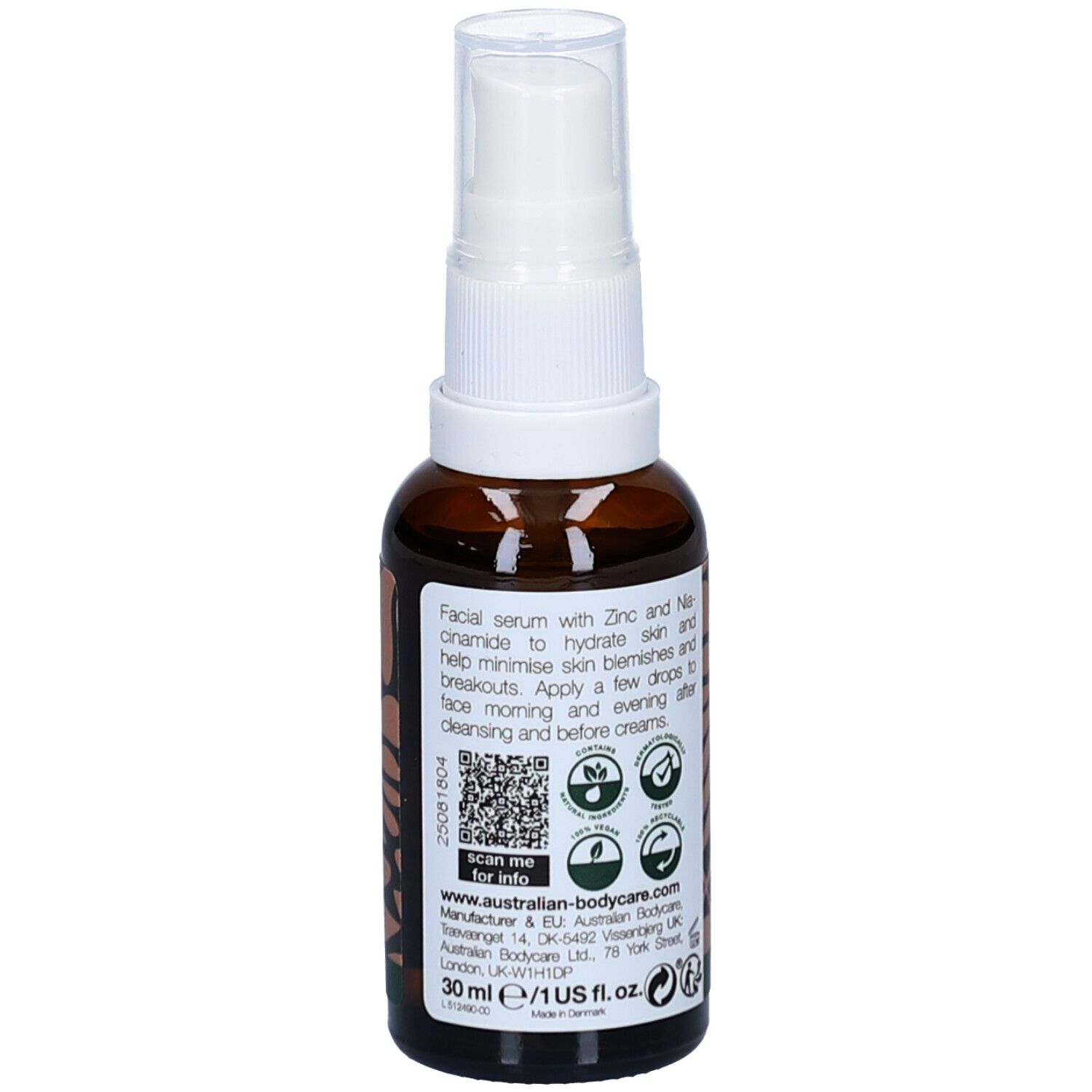 Flacon marron avec pompe blanche. Inscription : Blemish Serum. Texte au dos.