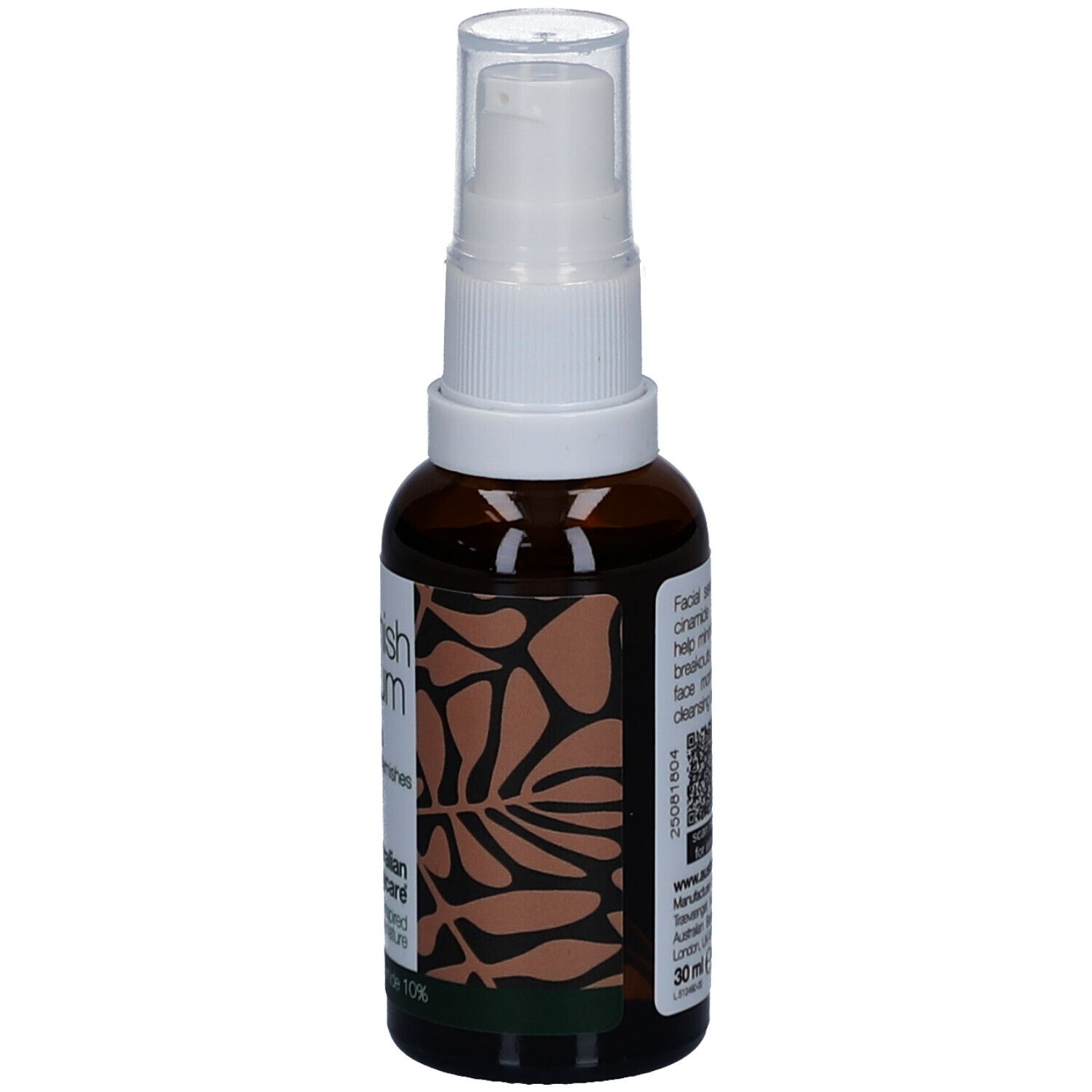 Flacon marron avec pompe blanche. Inscription : Blemish Serum. Texte au dos.