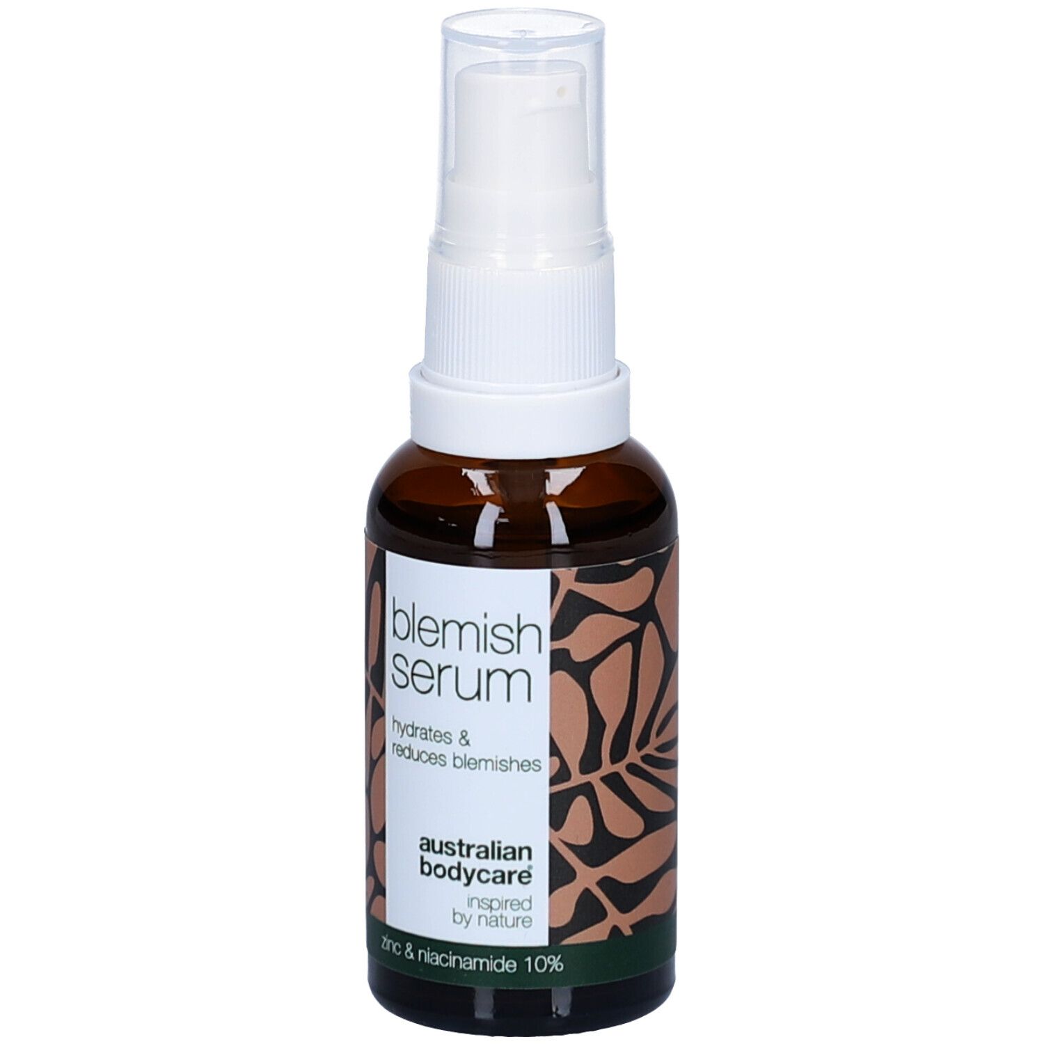 Flacon marron avec pompe blanche. Inscription : Blemish Serum, hydrate et réduit les imperfections.