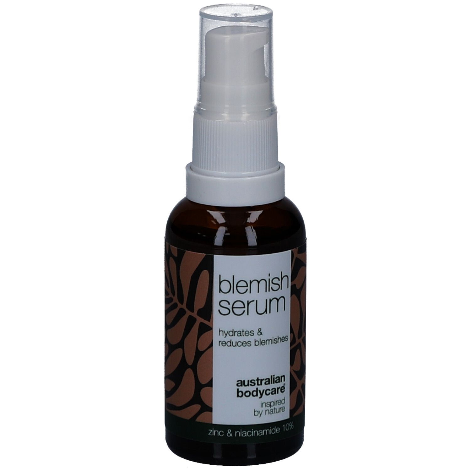 Flacon marron avec pompe blanche. Inscription : Blemish Serum, hydrate et réduit les imperfections.