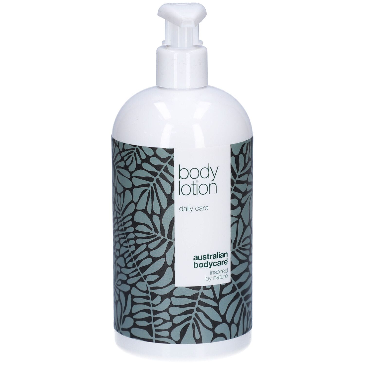 Flacon blanc avec pompe. Étiquette avec motif floral et texte: body lotion, australian bodycare.