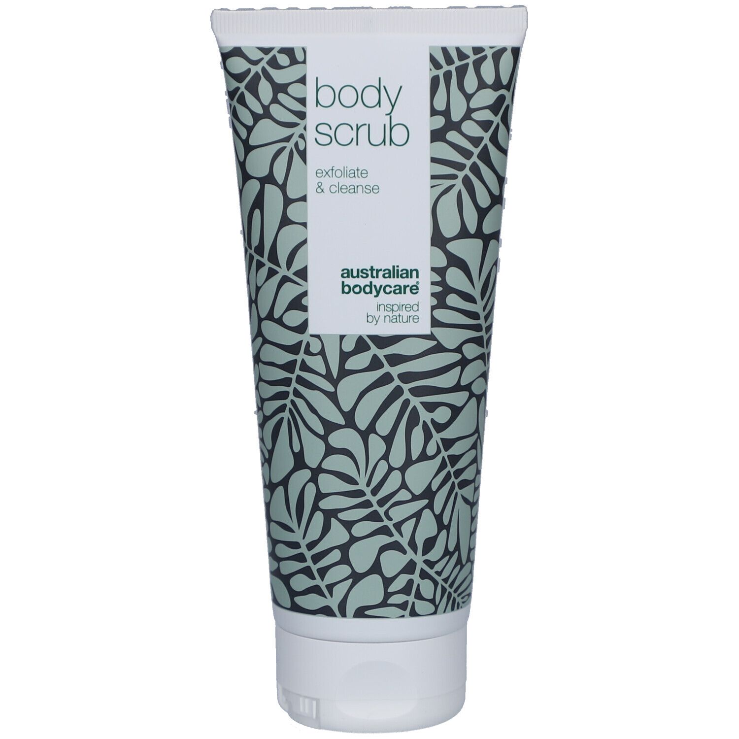 Tube de gommage corporel, motif feuilles. Marque : Australian Bodycare.
