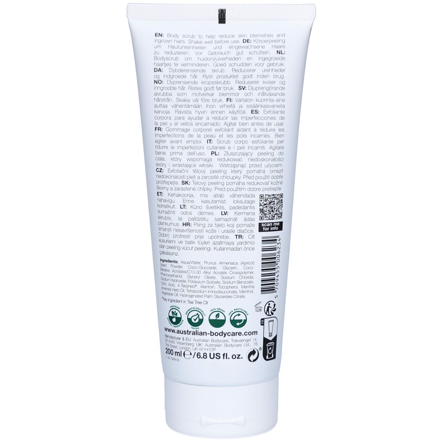 Tube blanc avec étiquette arrière listant les ingrédients et les instructions en plusieurs langues. 200 ml.
