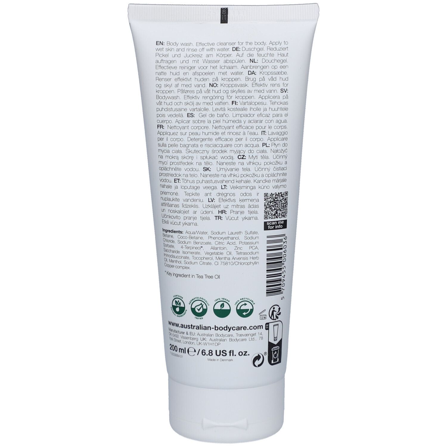 Tube blanc avec inscription noire, 200ml. Contient de l'huile d'arbre à thé.