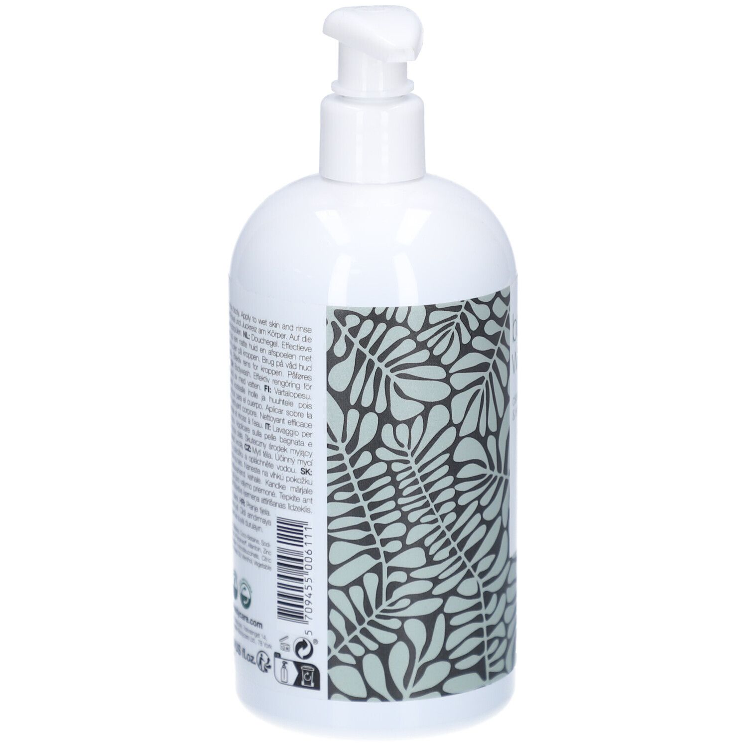 Flacon pompe blanc avec motif de feuilles et étiquette textuelle.