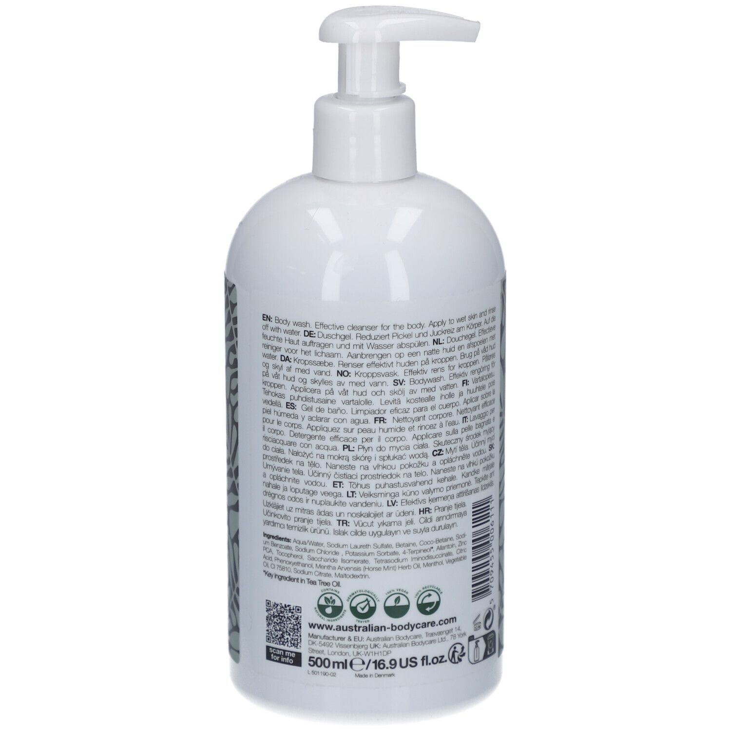Flacon pompe blanc avec nettoyant corporel. 500ml. Contient de l'huile d'arbre à thé.