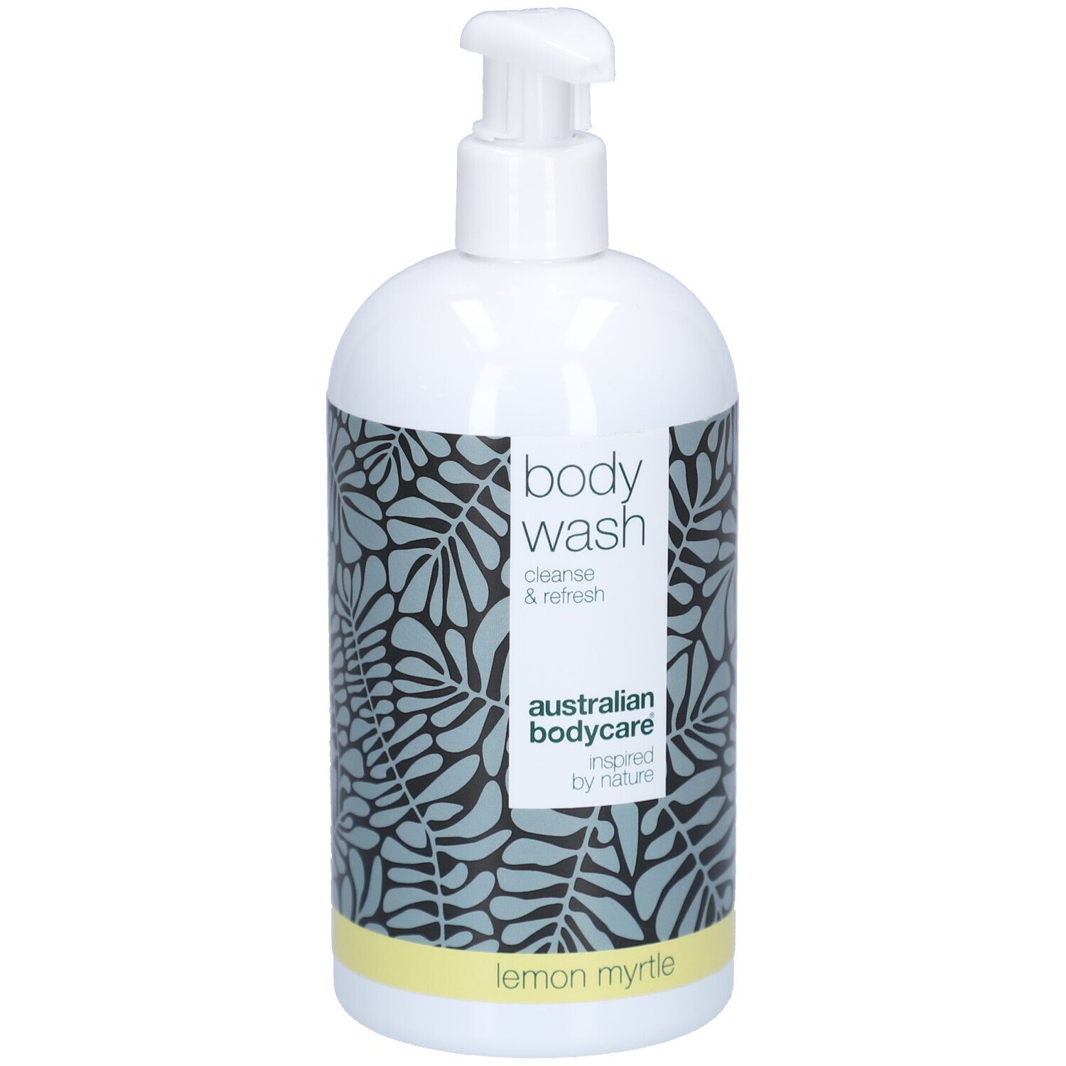 Flacon pompe blanc avec gel douche, parfum Lemon Myrtle, australian bodycare.