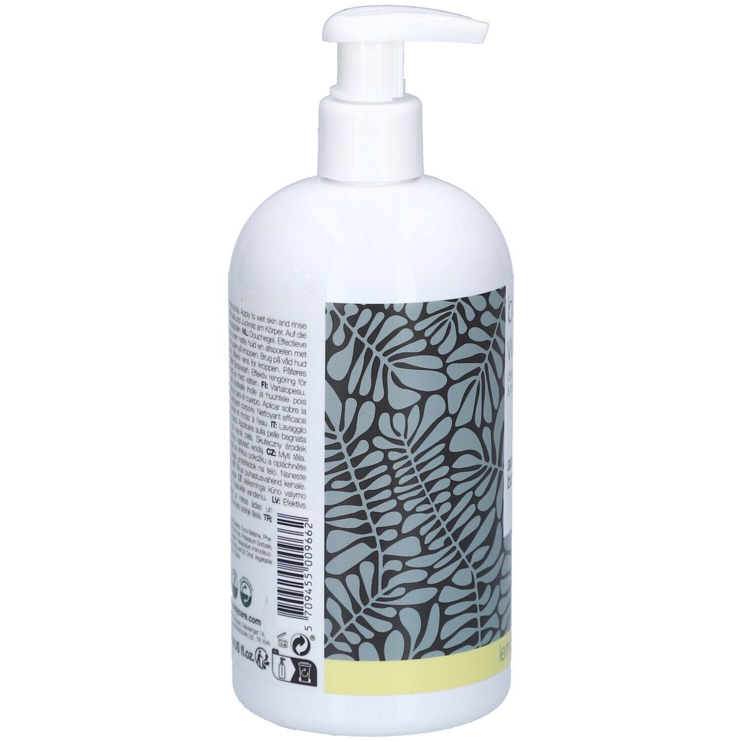 Flacon pompe blanc avec étiquette à motif de feuilles et bande jaune.