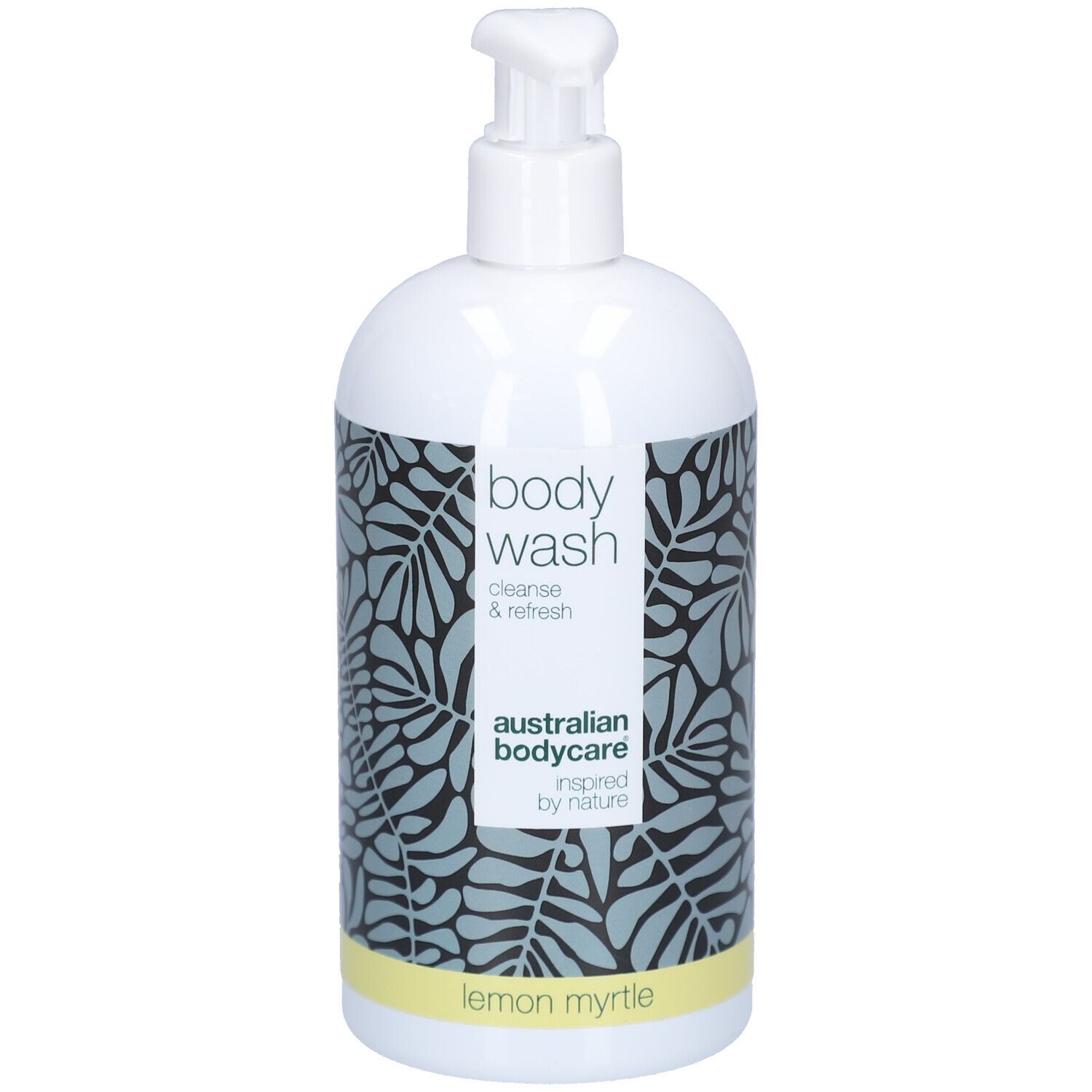 Flacon pompe blanc avec gel douche, inscription "australian bodycare" et "lemon myrtle", entouré d'un motif de feuilles.