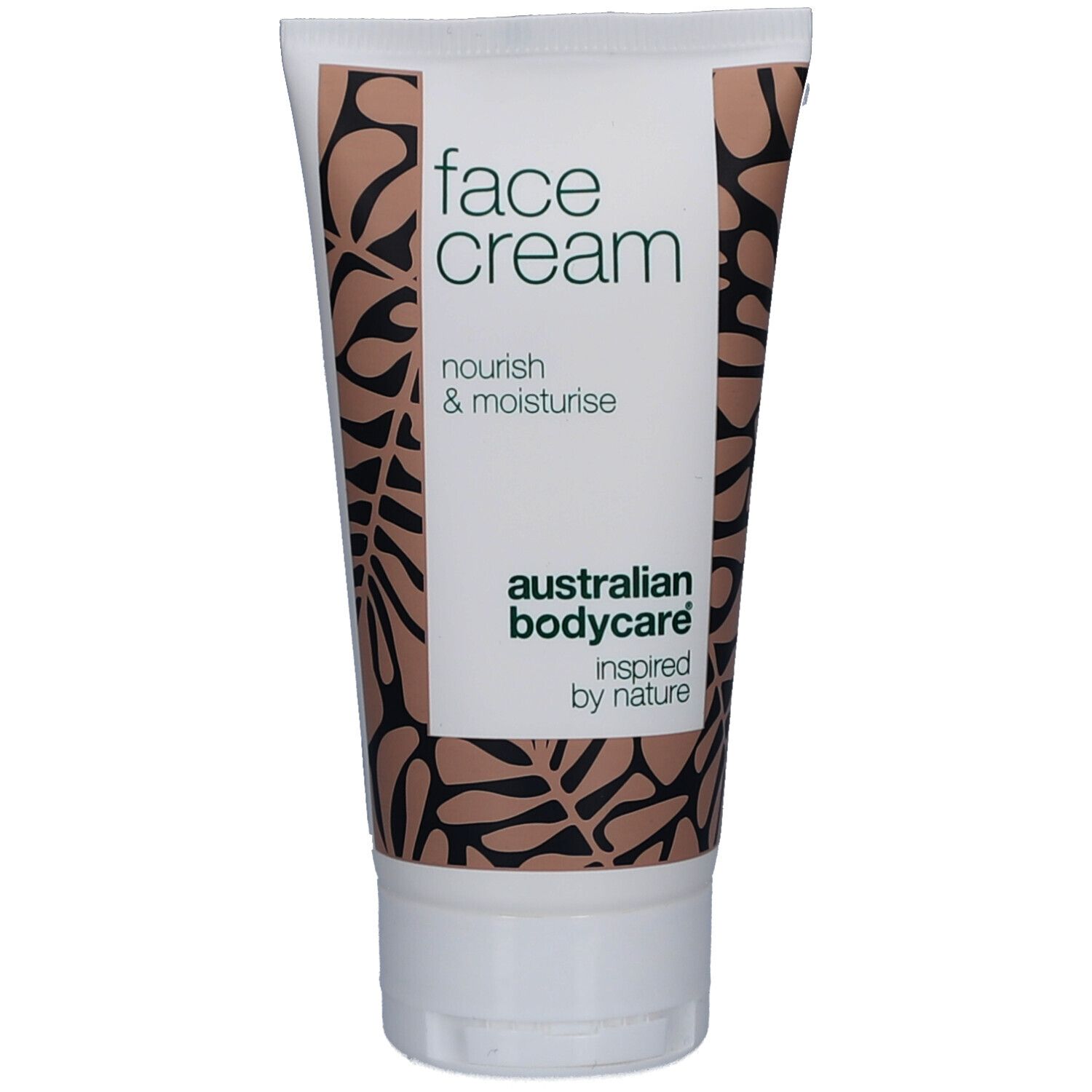 Tube de crème pour le visage. Blanche, motif marron. Texte : face cream, nourish & moisturise, australian bodycare.