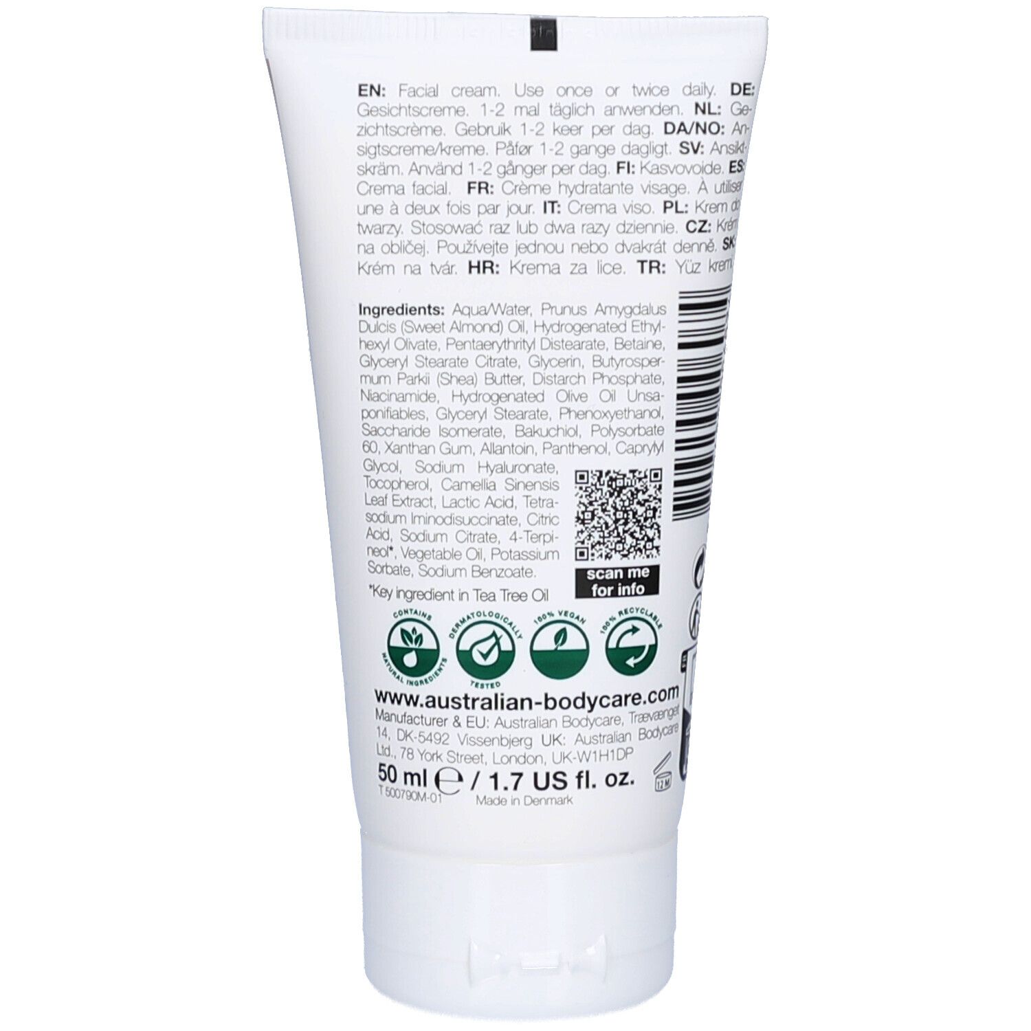 Dos du tube de crème pour le visage. Texte : ingrédients, instructions d'utilisation, code QR. Marque : australian bodycare.