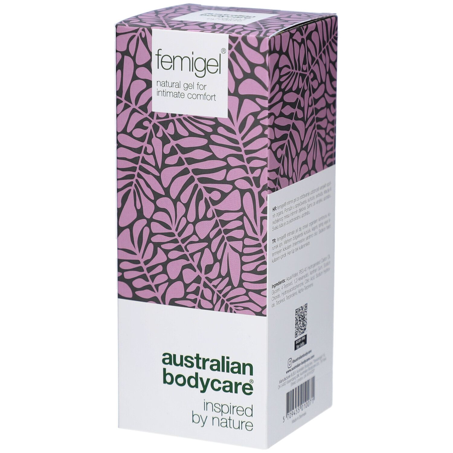 Emballage pour Femigel, un gel naturel pour le confort intime par Australian Bodycare.