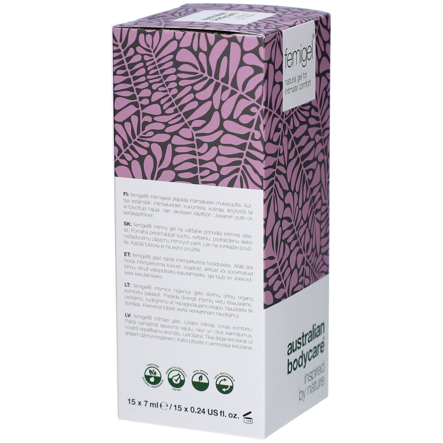 Emballage pour gel intime Femigell avec motif de feuilles et texte.