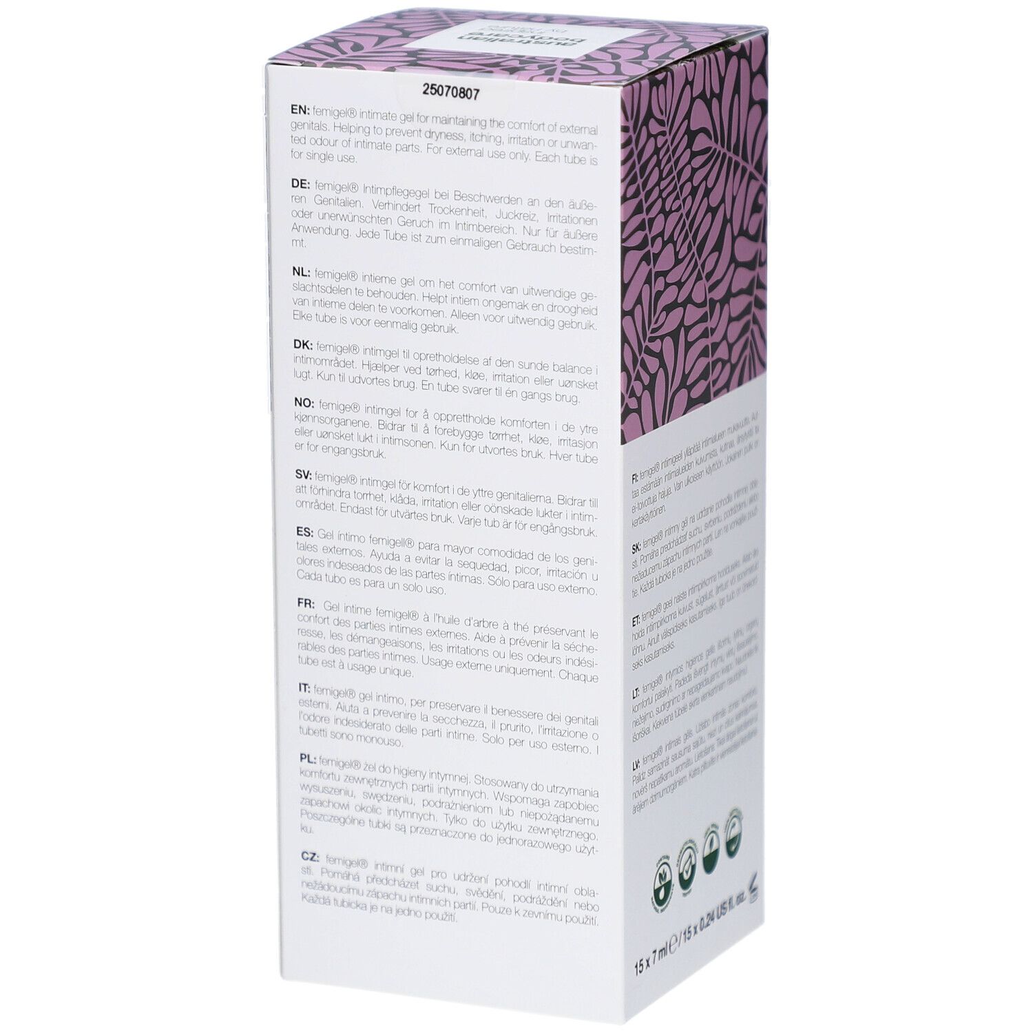 Emballage avec instructions d'utilisation multilingues et motif floral.