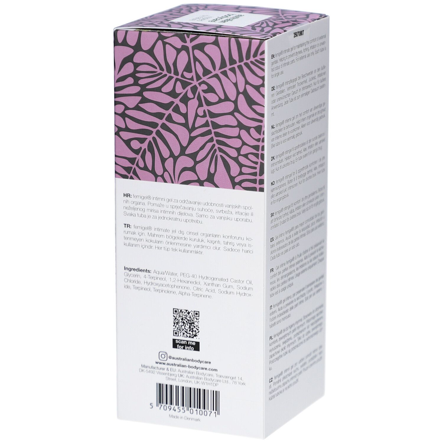 Boîte blanche à motif de feuilles violettes et informations produit.