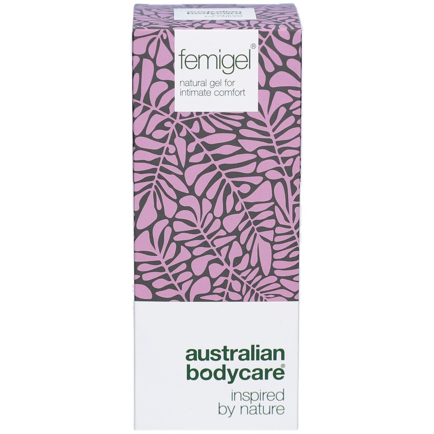Emballage de gel intime naturel Femigell avec motif de feuilles.