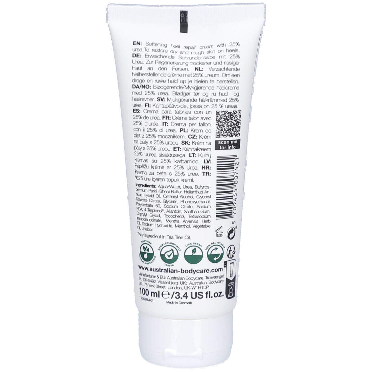 Tube blanc avec crème réparatrice pour pieds, 25% urée.