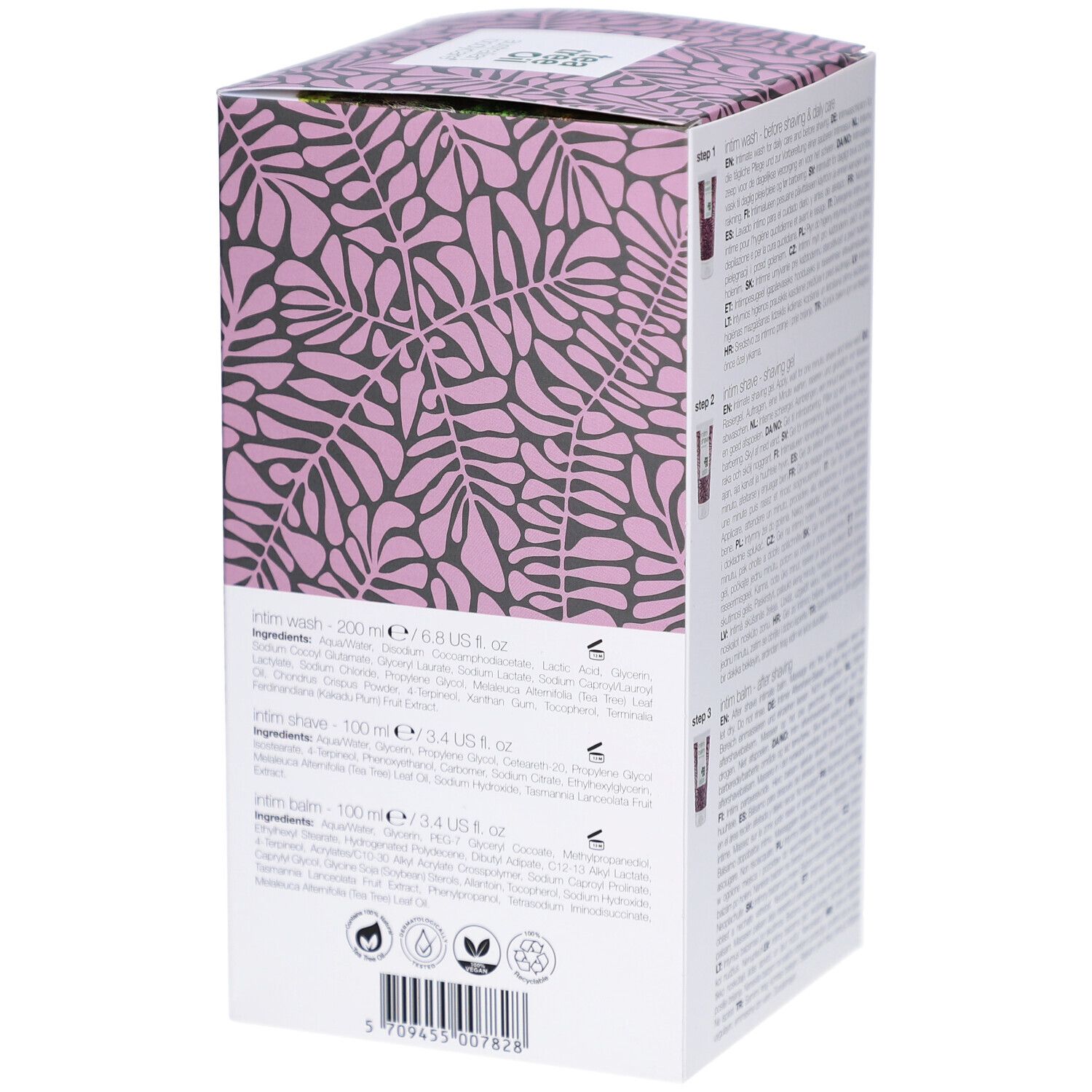Emballage de coffret de soins intimes : nettoyant (200ml), crème à raser (100ml), baume (100ml). Motif feuilles roses.
