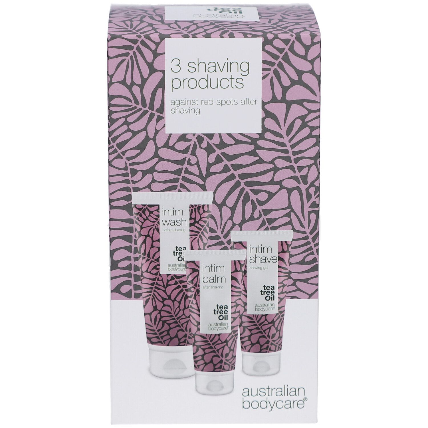 Ensemble de 3 produits de rasage : Intim Wash, Intim Balm, Intim Shave. À l'huile d'arbre à thé. Emballage à motif de feuilles.