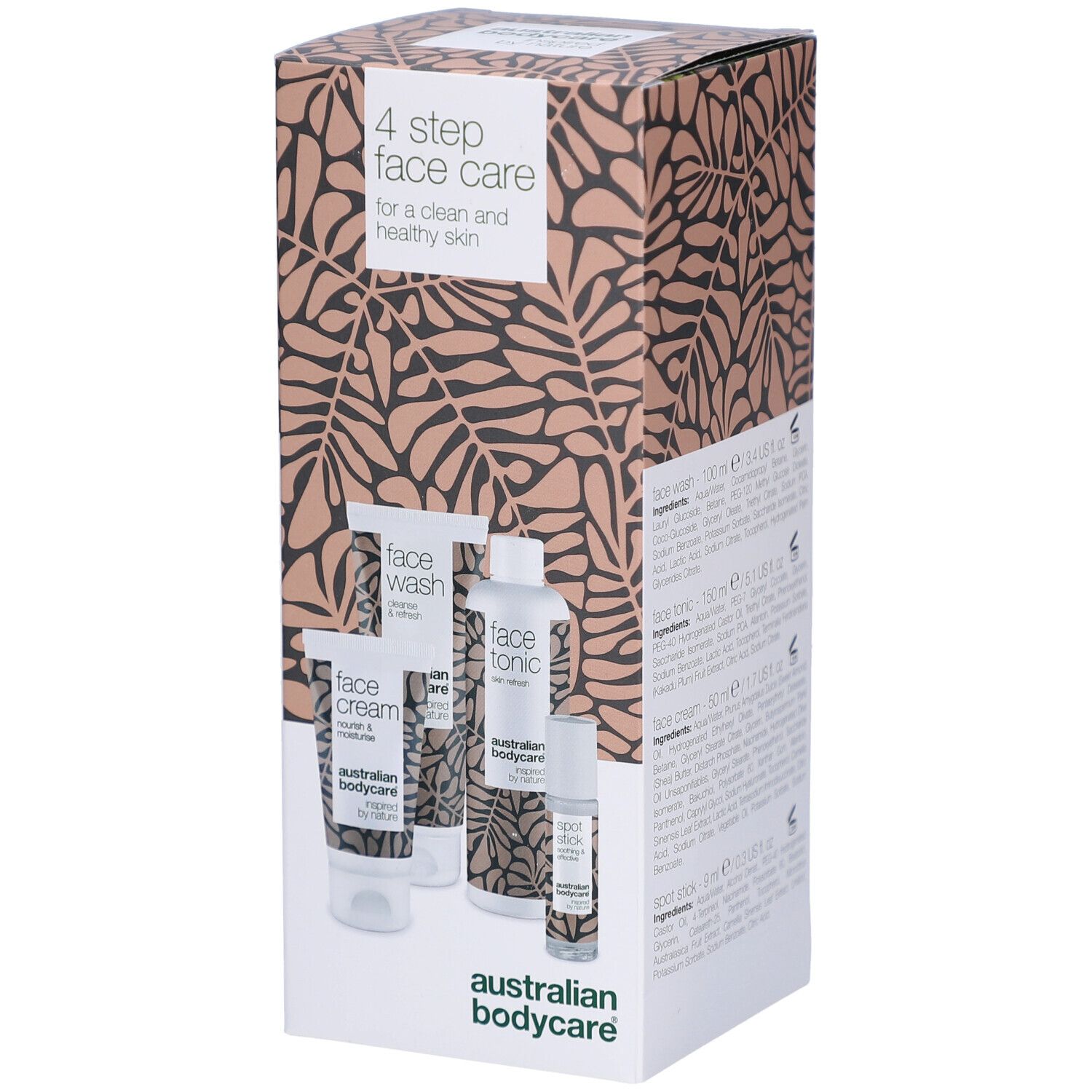 Coffret de soins du visage en 4 étapes : crème, nettoyant, tonique et roll-on. "4 step face care" et "australian bodycare" sont visibles.