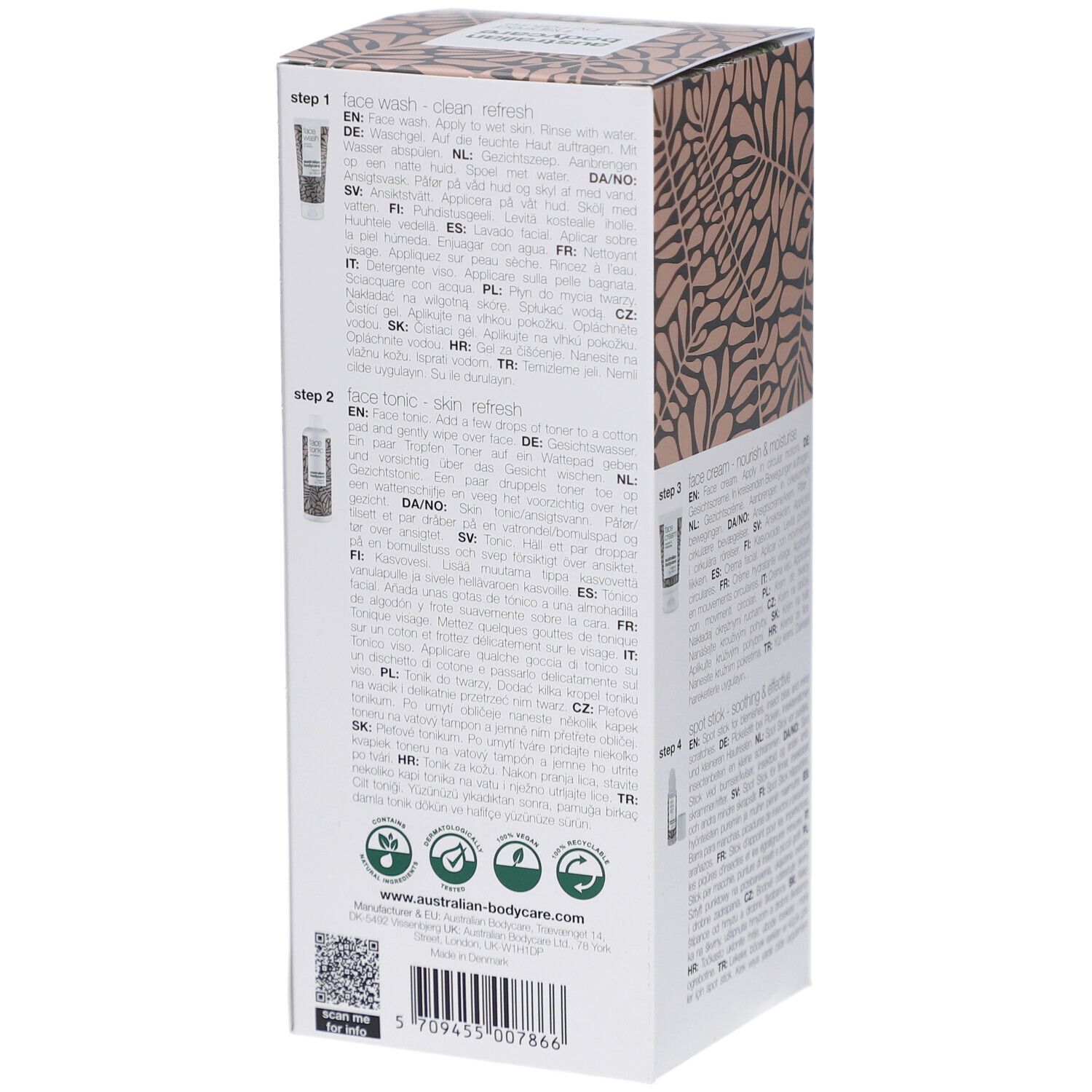 Emballage pour nettoyant visage et tonique avec instructions d'utilisation multilingues et certifications environnementales.