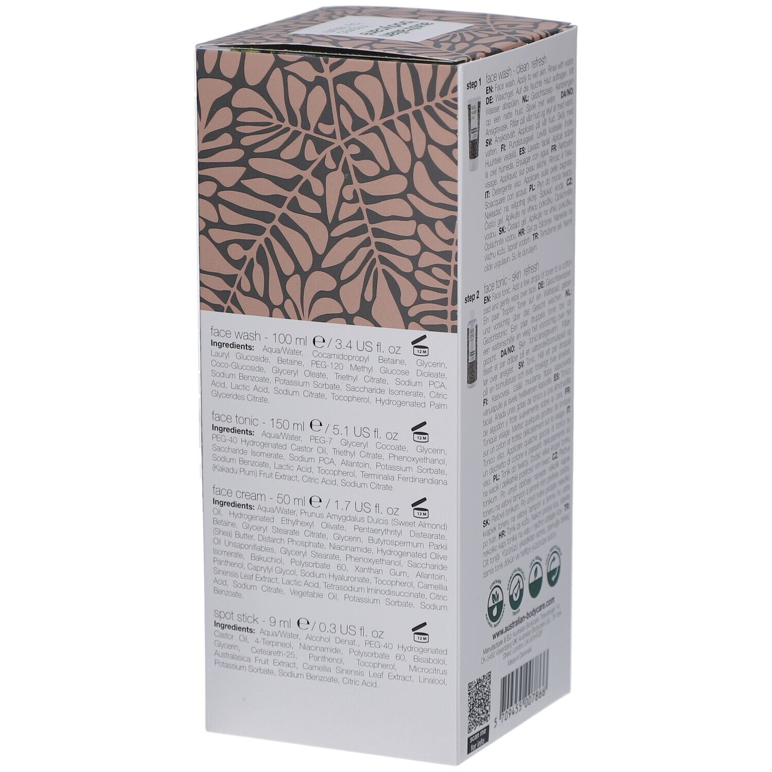 Emballage avec nettoyant visage (100ml), tonique visage (150ml), crème visage (50ml) et stick ciblé (9ml).