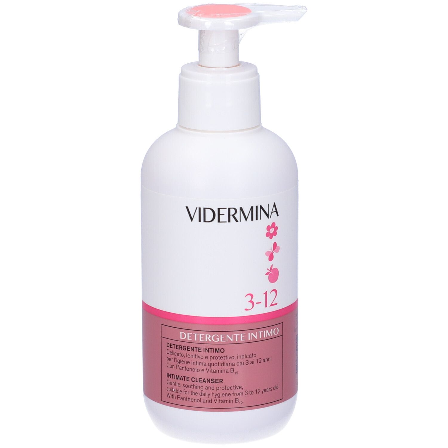 Flacon blanc avec pompe, nettoyant intime VIDERMINA 3-12.