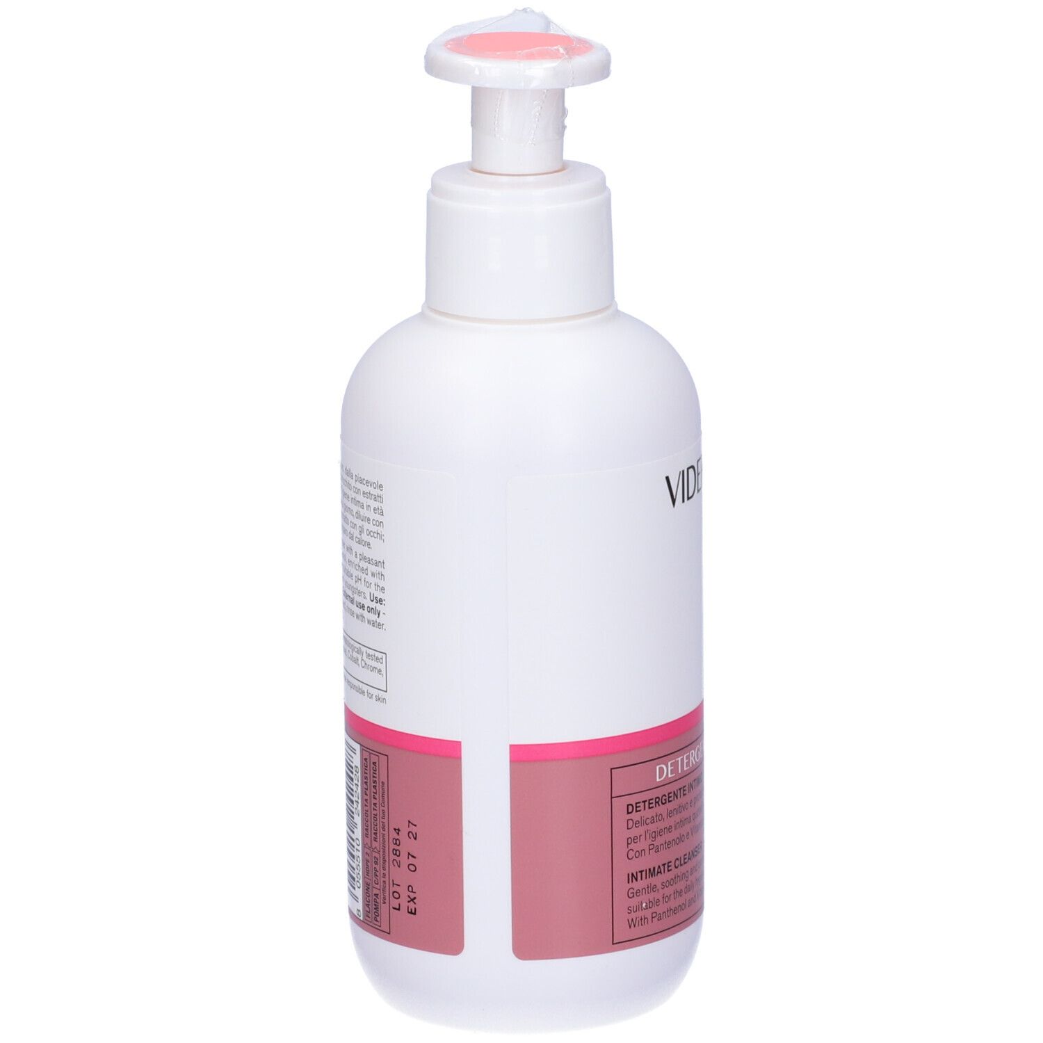 Flacon pompe blanc avec étiquette rose. Contient un nettoyant intime.
