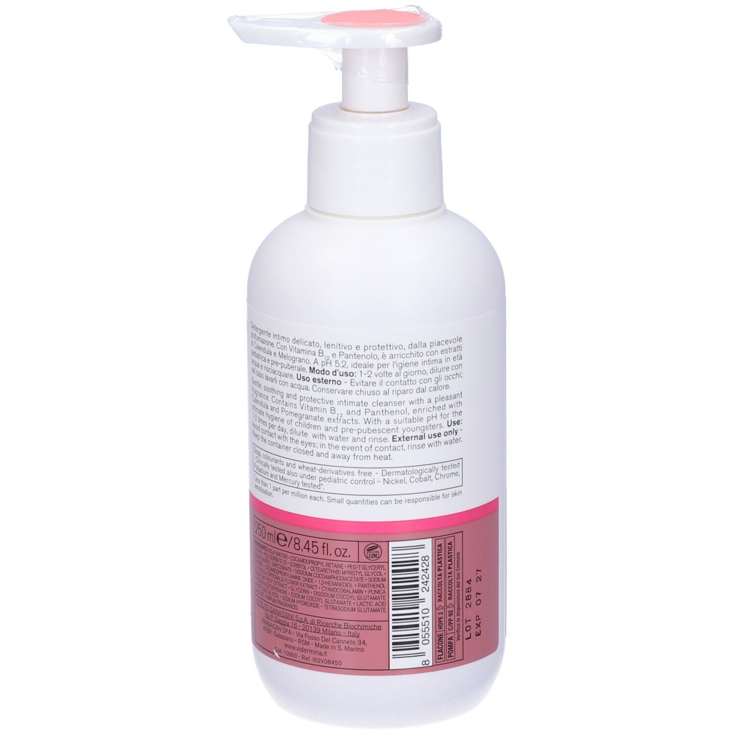 Flacon pompe blanc avec accents roses, 250ml. Contient des vitamines B3, B5 et de l'extrait de grenade.