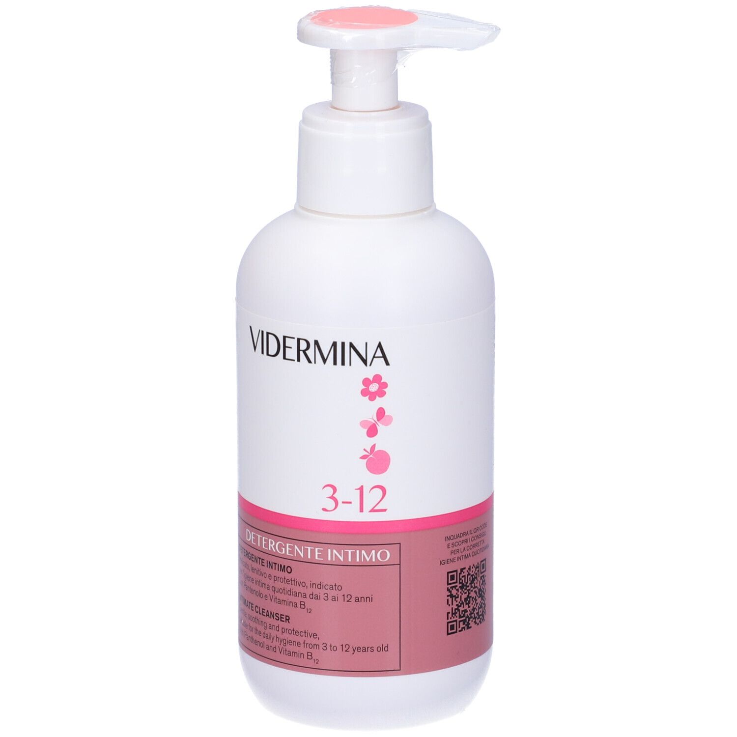 Flacon pompe blanc avec inscription VIDERMINA 3-12. Étiquette rose avec informations produit.