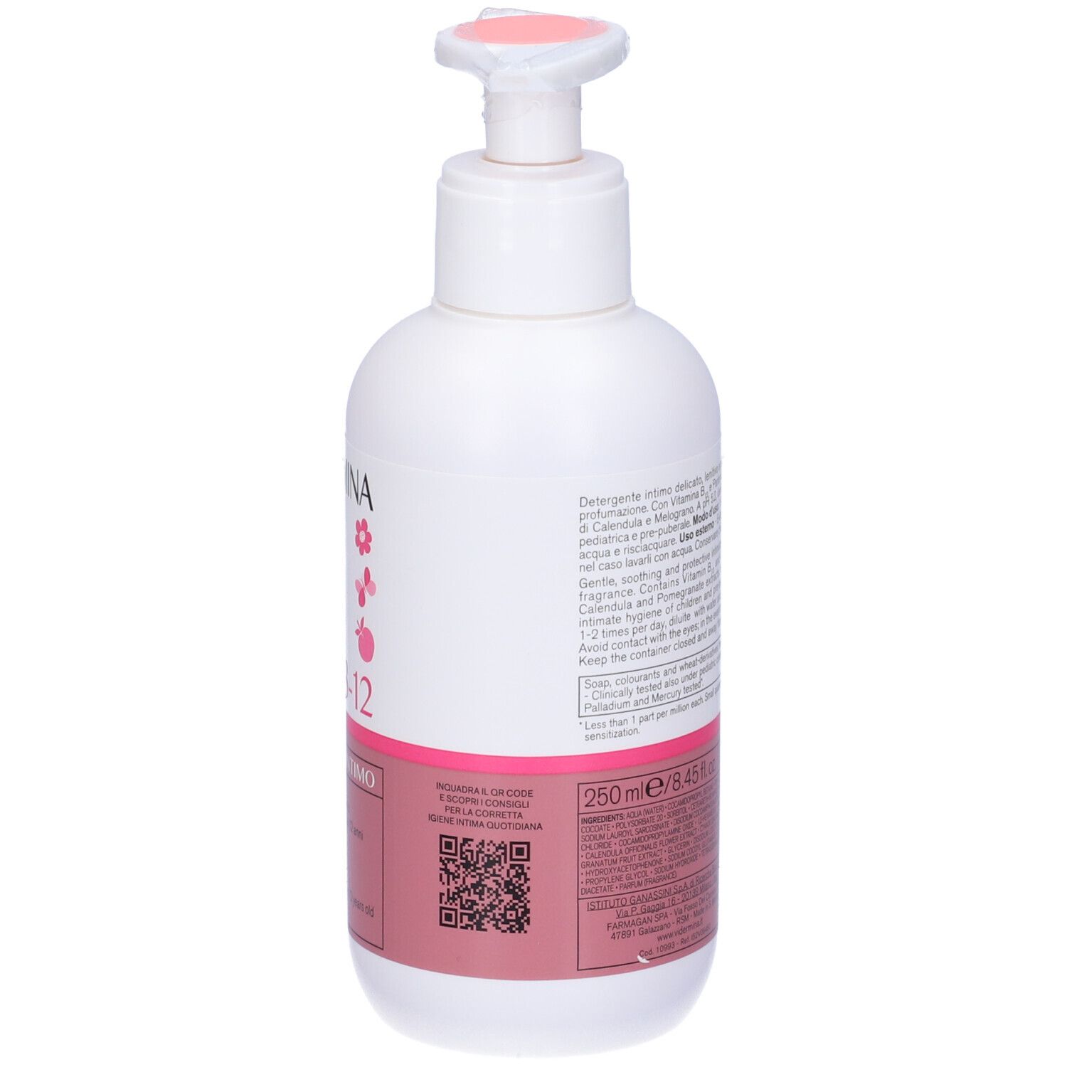 Flacon pompe blanc avec étiquette rose et impression.