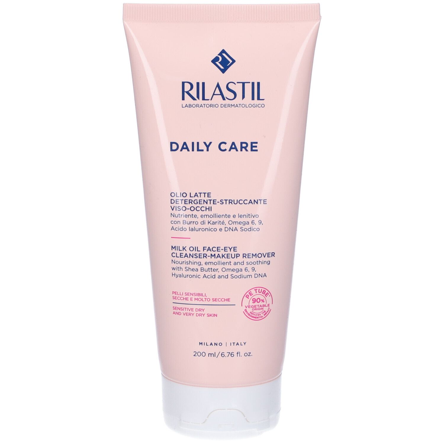 Tube rose avec bouchon blanc. Rilastil Daily Care. Texte en italien et anglais. Testé dermatologiquement.