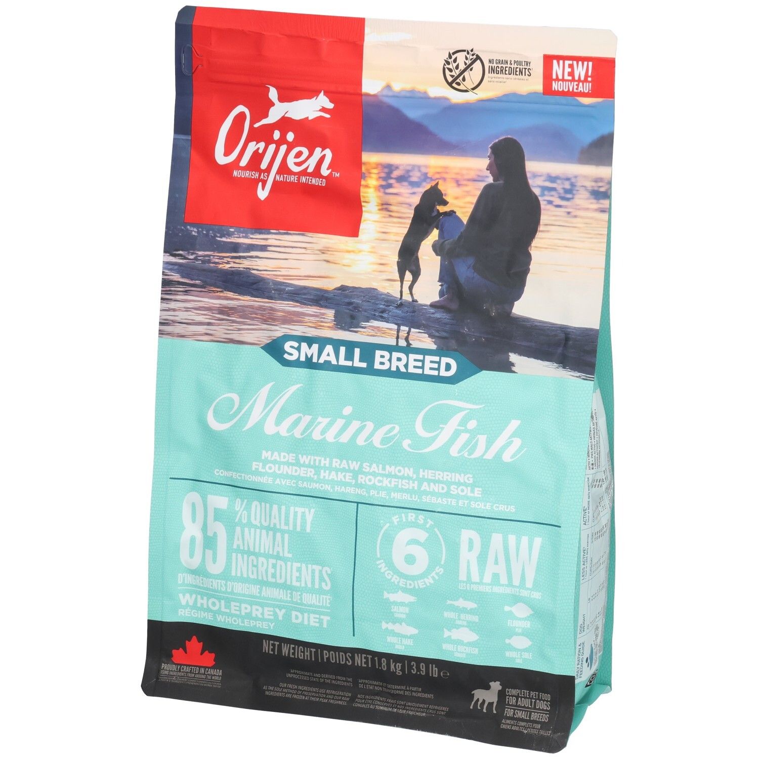 Sac de nourriture pour chiens Orijen. Inscription: Marine Fish, Small Breed. Contient 85% d'ingrédients animaux. Poids net: 1,8 kg.