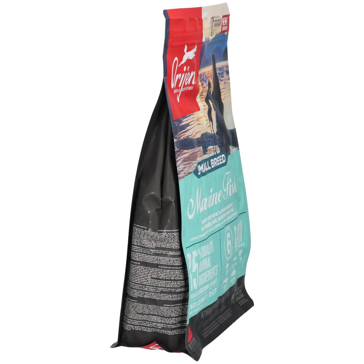 Sac de nourriture pour chiens Orijen. Inscription: Marine Fish, Small Breed. Contient 85% d'ingrédients animaux. Vue latérale.