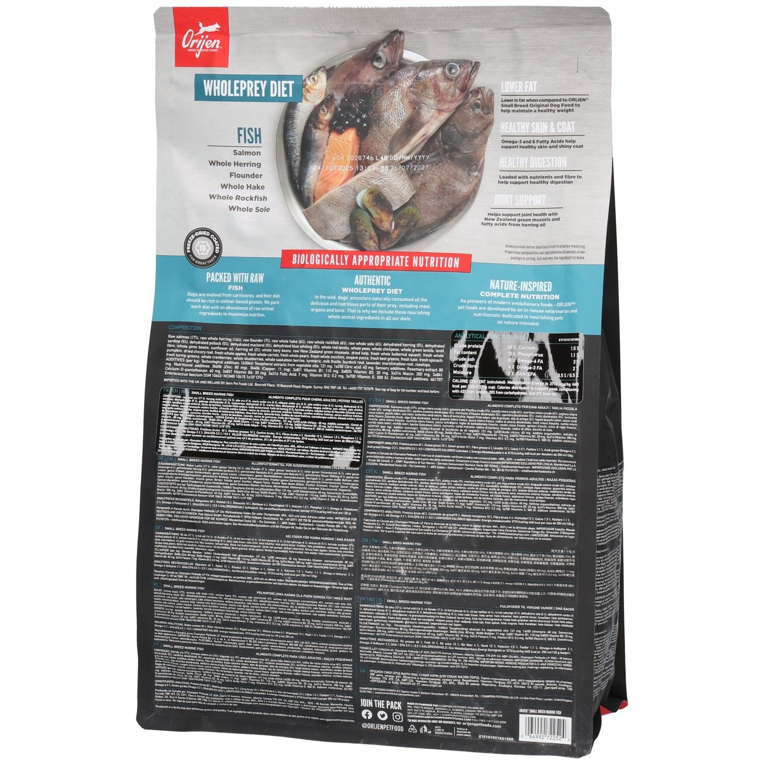 Dos du sac de nourriture pour chiens Orijen. Inscription: Wholeprey Diet, Fish. Contient du poisson. Informations textuelles.
