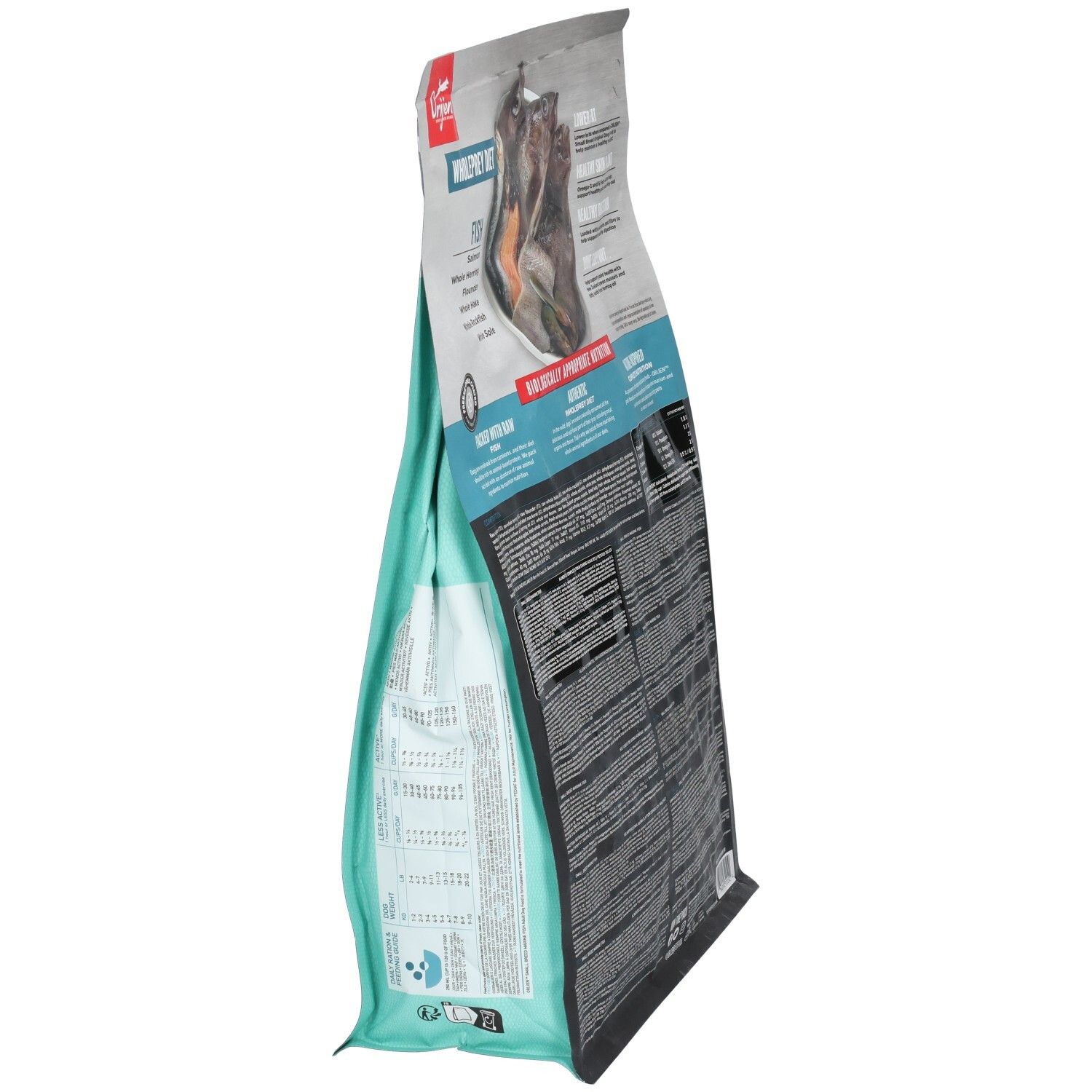 Sac de nourriture pour chiens Orijen. Inscription: Marine Fish, Small Breed. Contient 85% d'ingrédients animaux. Vue latérale.