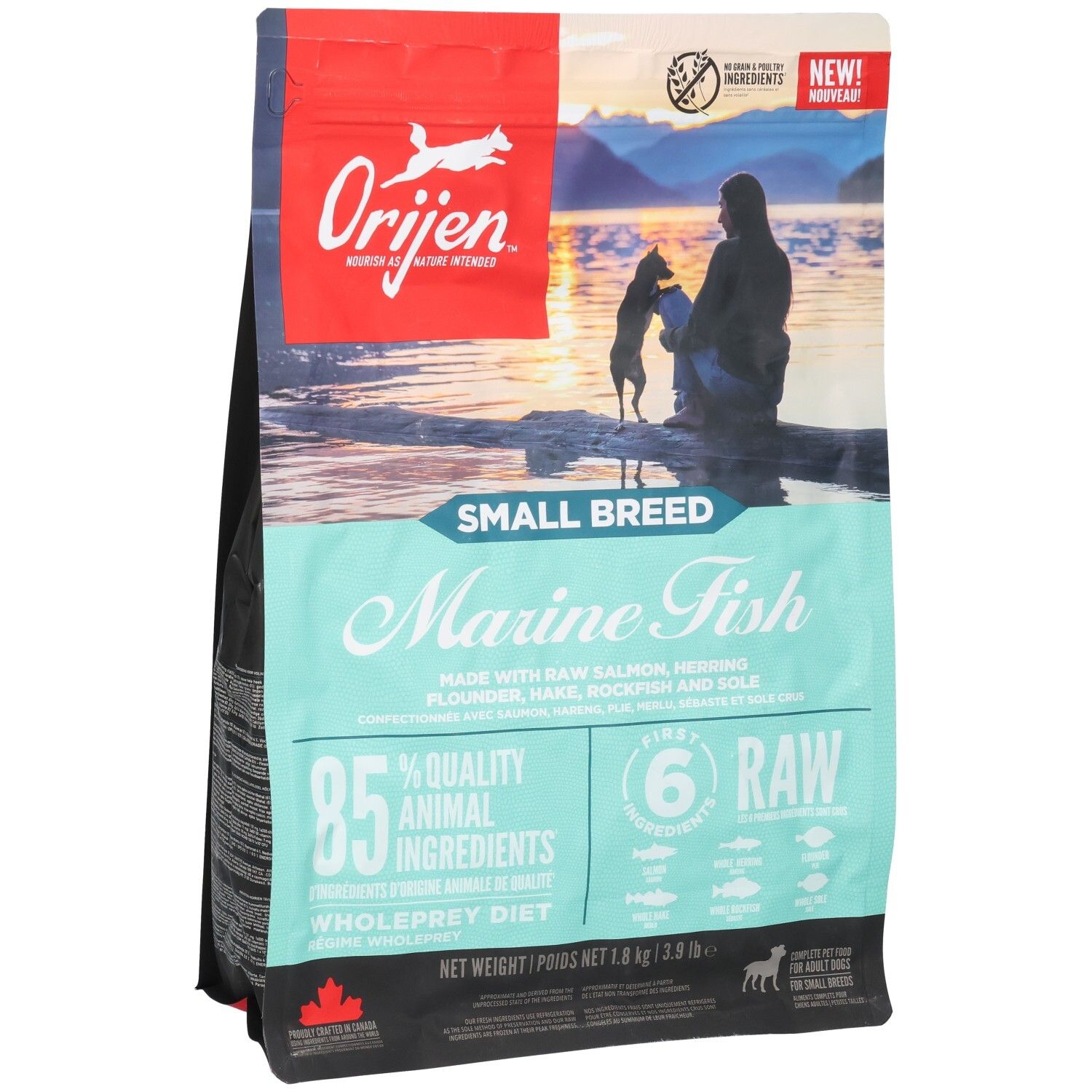 Sac de nourriture pour chiens Orijen. Inscription: Marine Fish, Small Breed. Contient 85% d'ingrédients animaux. Vue de face.