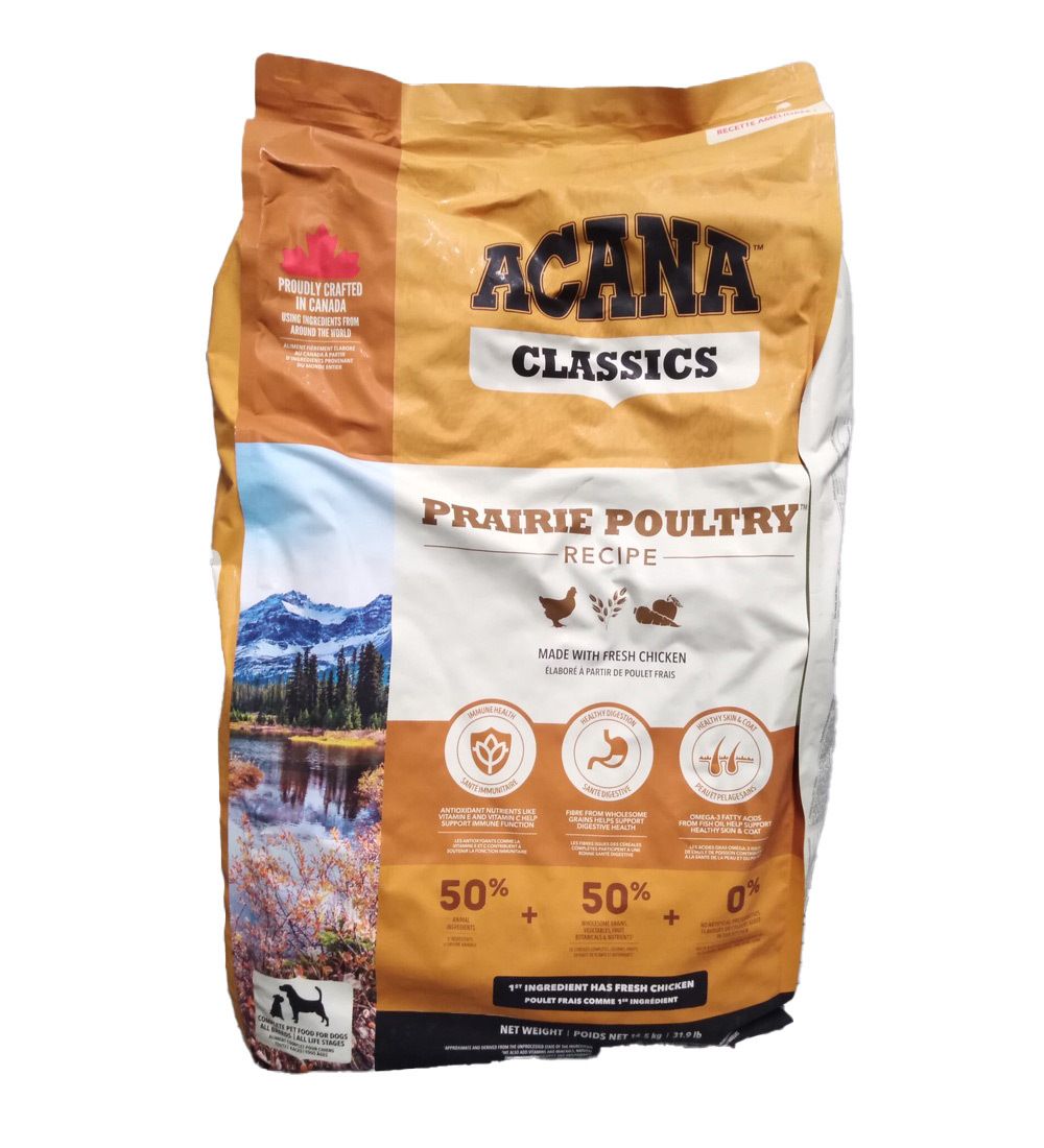 Sac de nourriture pour chiens ACANA CLASSICS PRAIRIE POULTRY. Visuel de paysage et ingrédients. Logo canadien.
