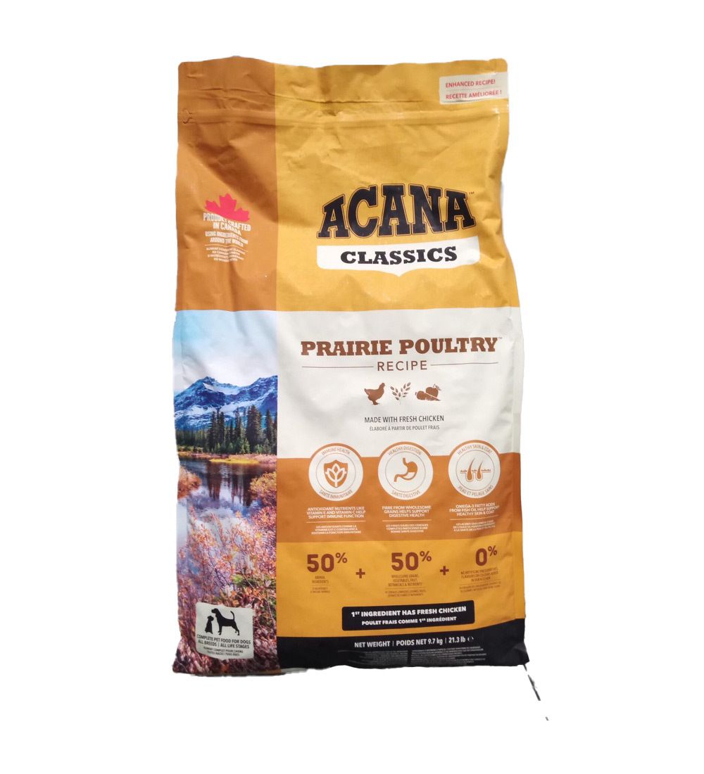 Sac de nourriture pour chiens ACANA PRAIRIE POULT. Emballage jaune-brun avec nom du produit et paysage. Contient 9,7 kg.
