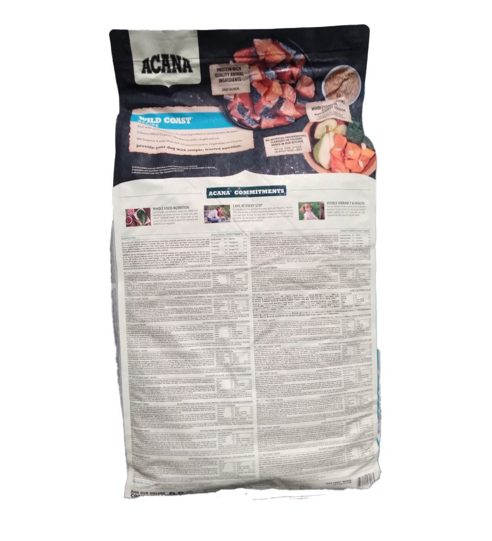Dos du sac de nourriture pour chien. Texte et illustrations. Contient des informations sur les ingrédients et la marque ACANA.